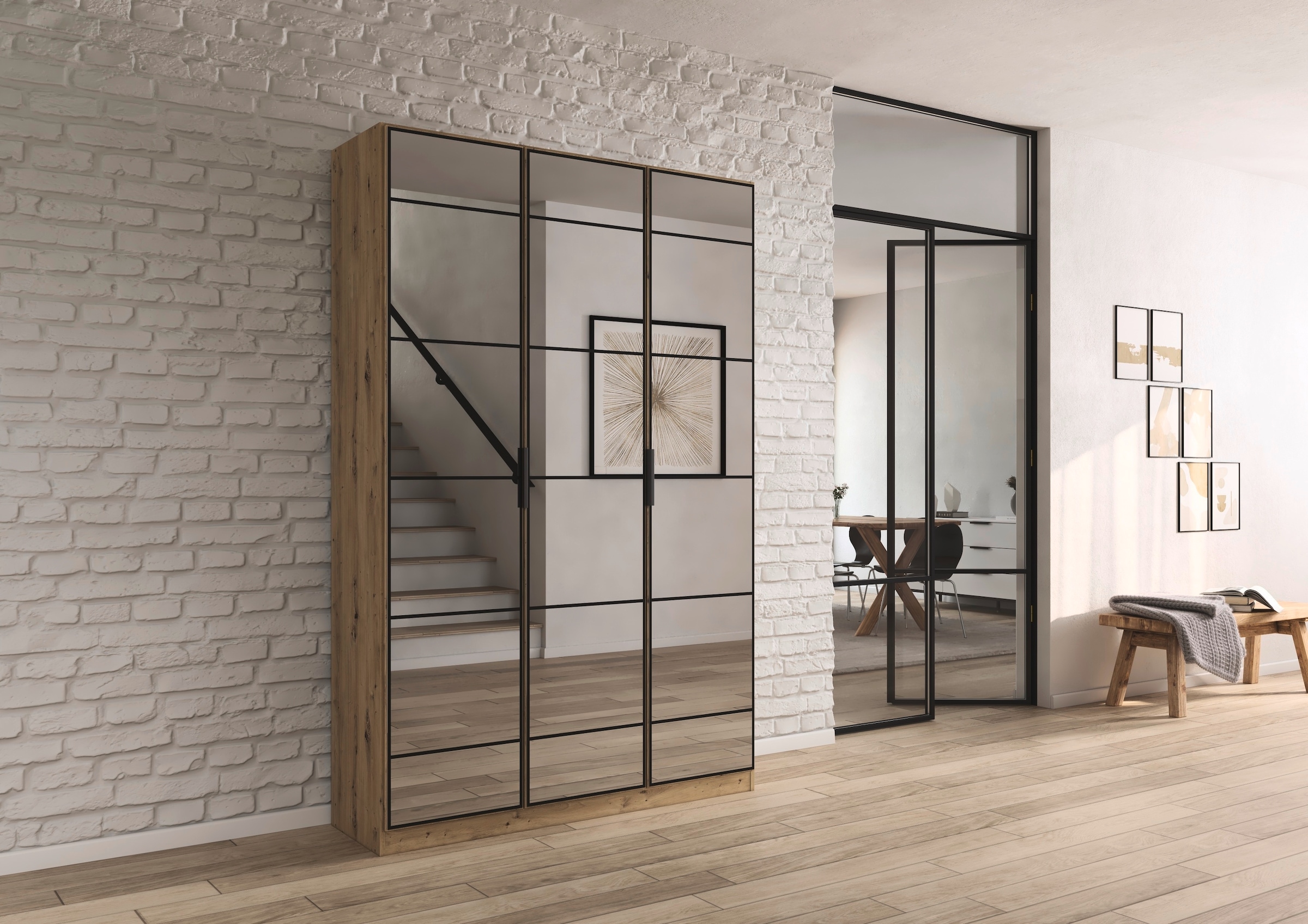 rauch Drehtürenschrank »Kleiderschrank Schrank Garderobe Schlafzimmerschrank ACERO«, (praktisch in Tiefe 41 cm mit vielen Einlegeböden), Spiegelfront in moderner Loft-Optik MADE IN GERMANY
