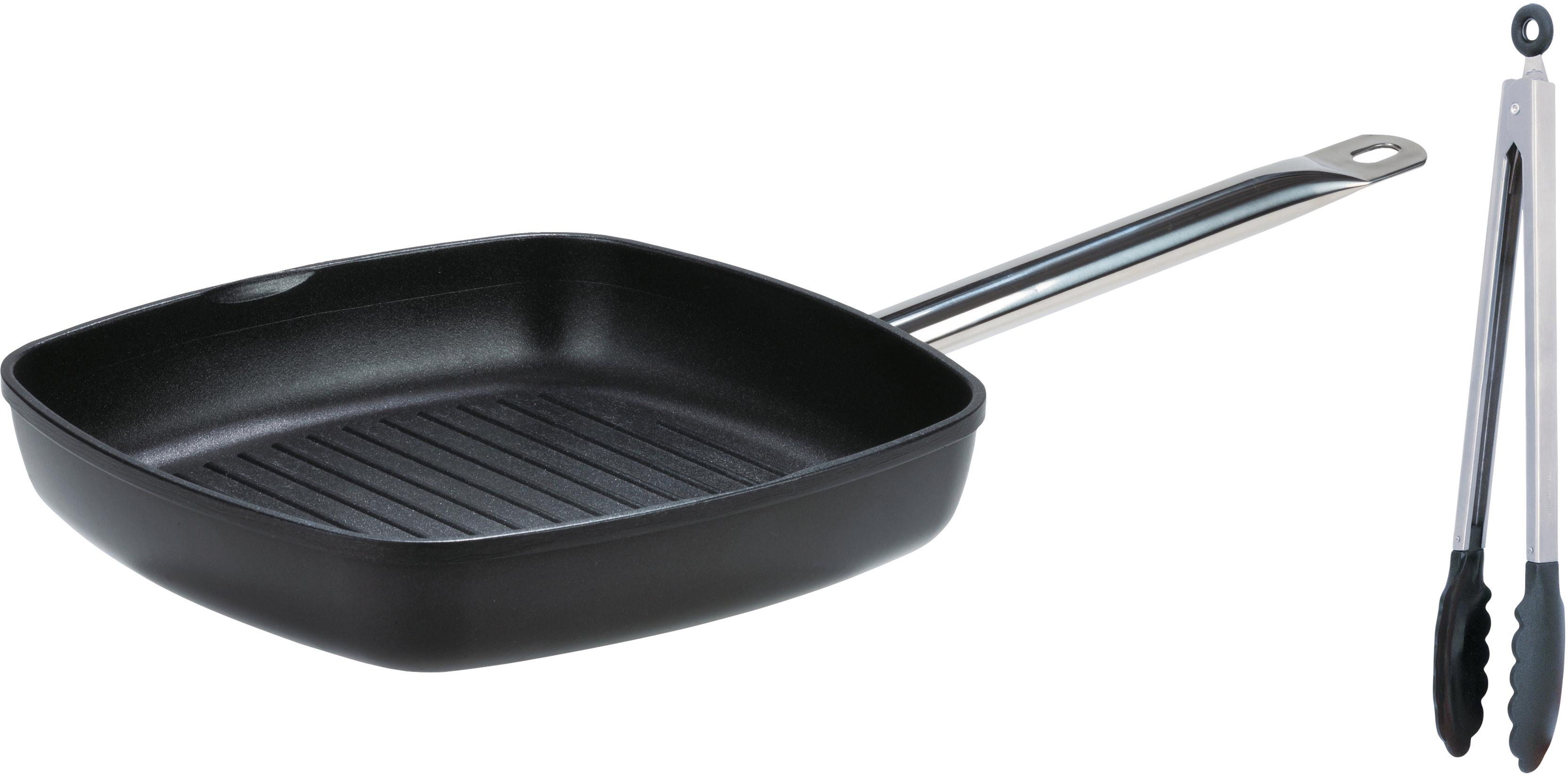 GSW Grillpfanne "Gastro Traditionell" Aluminiumguss Set, 3 Stk. tlg. 28x28 cm, incl. Multizange 30 cm, Induktion