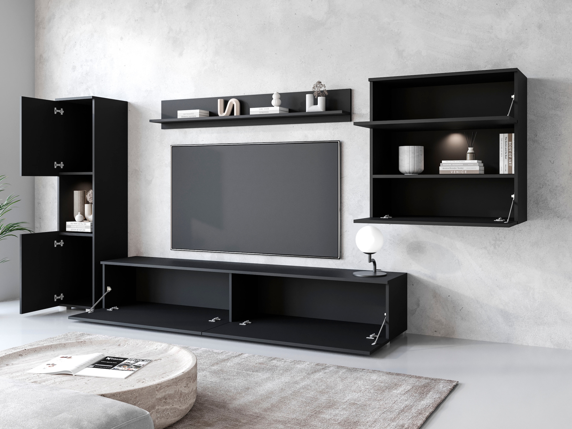 INOSIGN Wohnwand "PARIS", (Komplett-Set, 4 St.), TV-Wand 300cm breite, grifflose Design, stehend und hängend montierbar