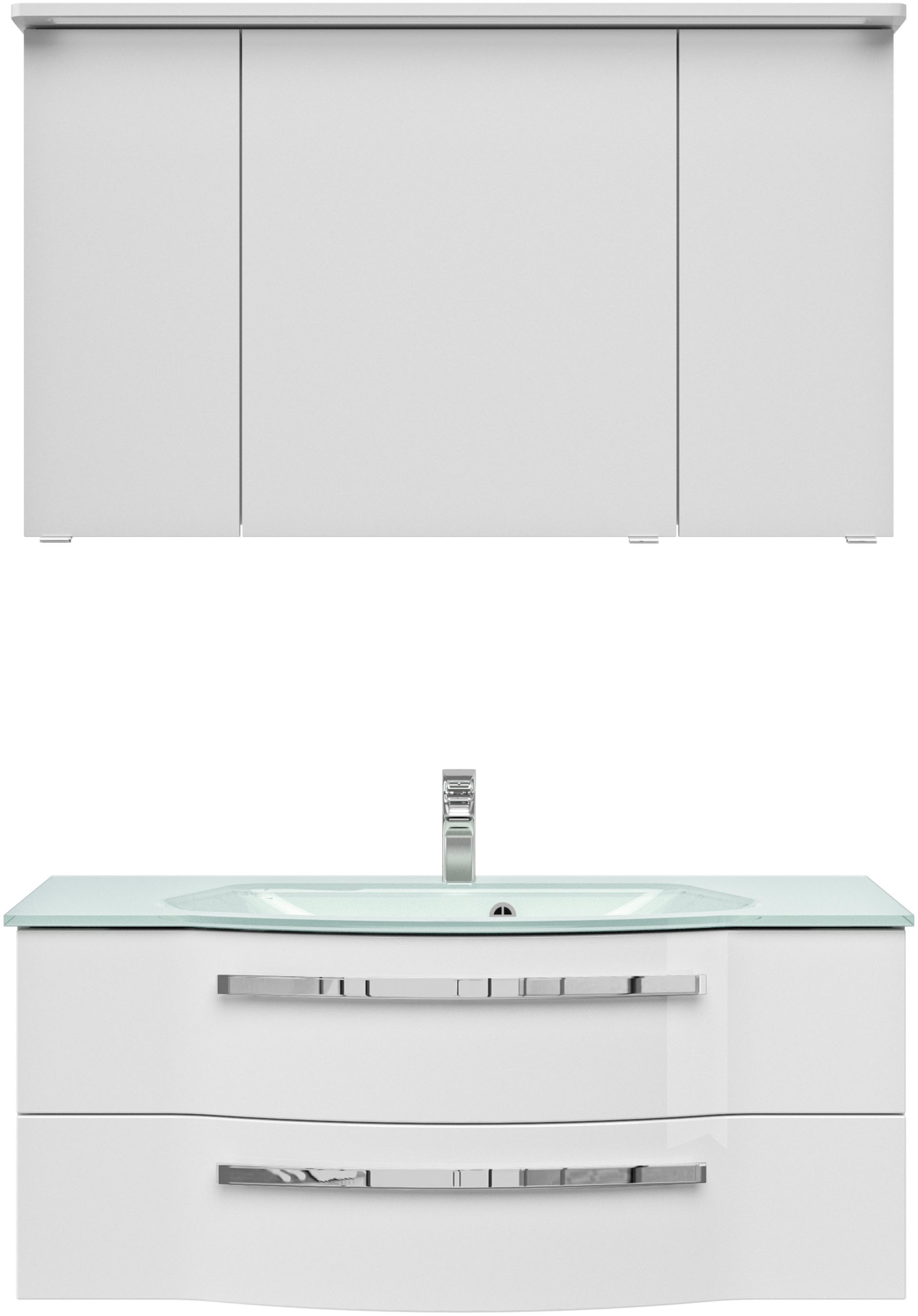 Thumbnail - Saphir Badmöbel-Set "Serie 4005, vormontiert, Glaswaschbecken, Spiegelschrank" Set, 3 Stk. tlg. Badezimmer Set 117 cm br...