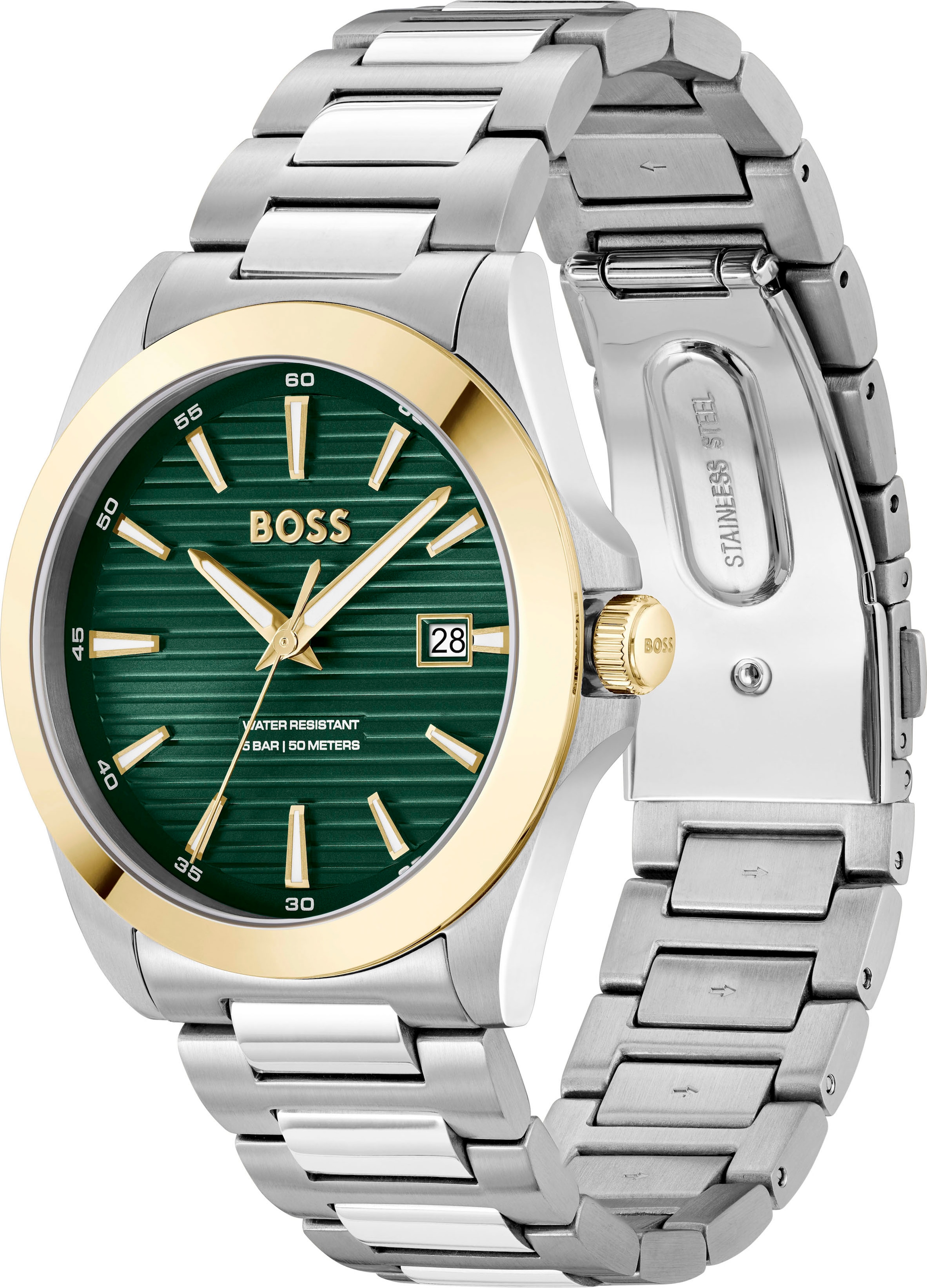 BOSS Quarzuhr »STRIKE«, Armbanduhr, Damenuhr, Herrenuhr, Edelstahlarmband, analog, Tag
