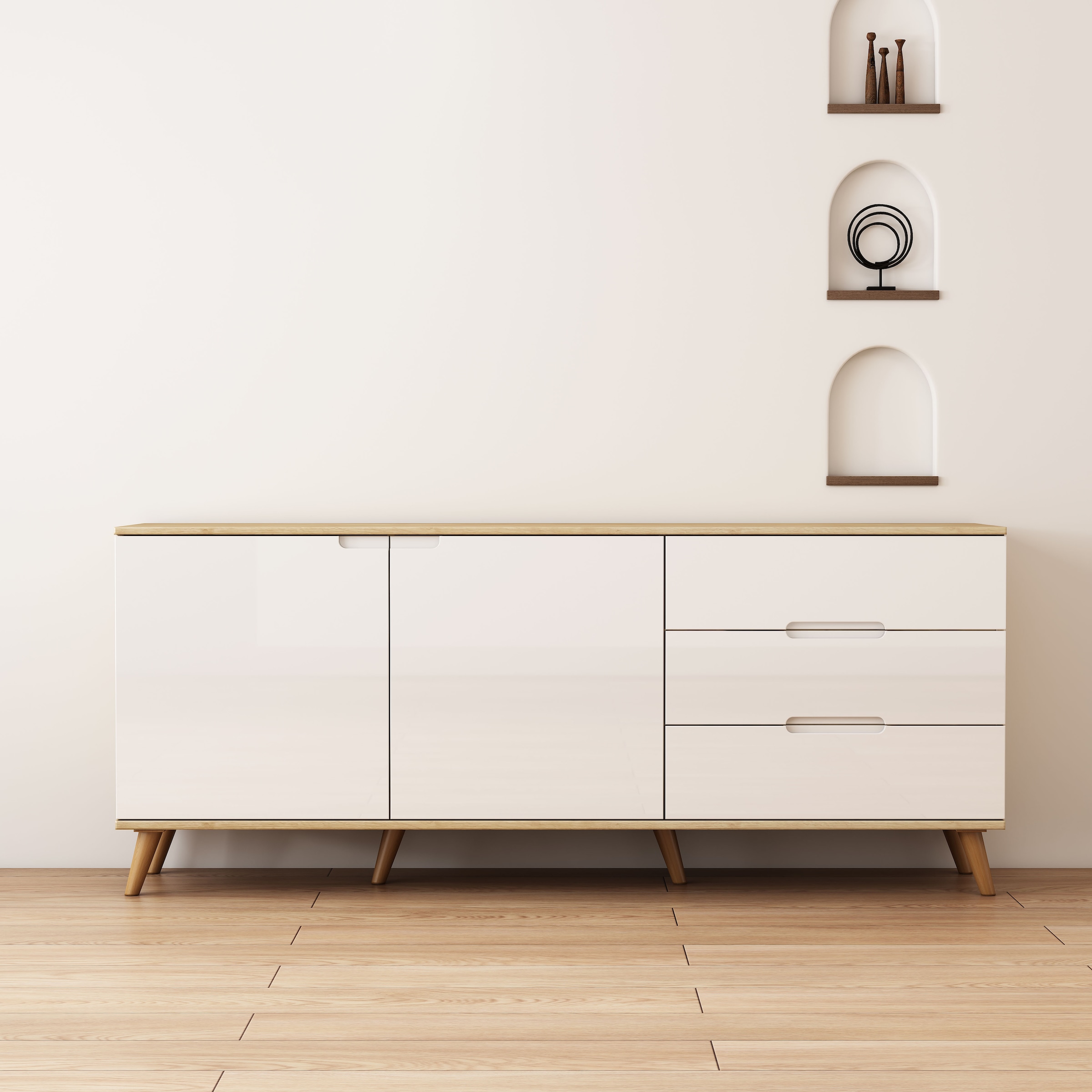 OTTO home Sideboard "Lund" mit glänzenden Fronten, Griffmulden, helles Holzdekor, Breite 180 cm