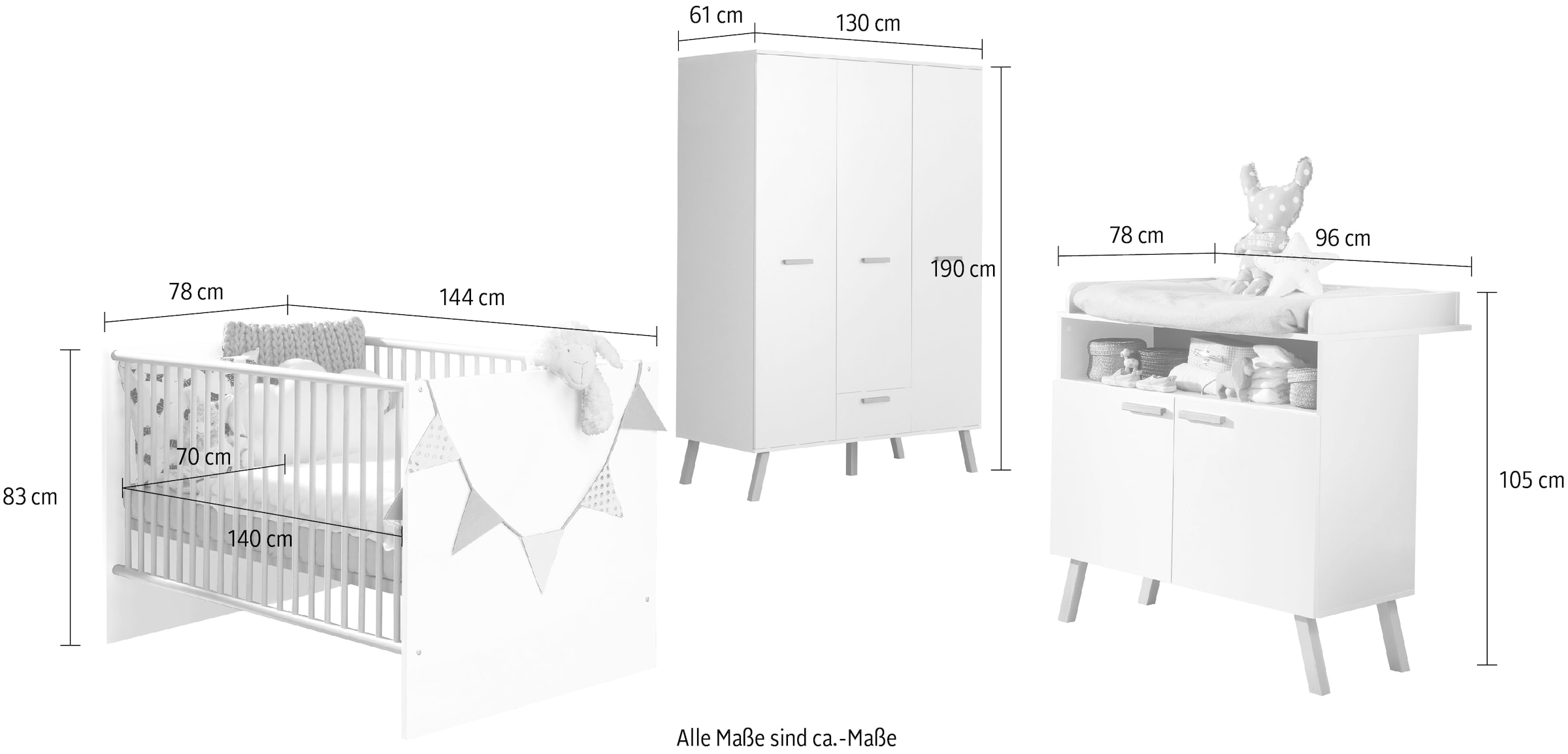 trendteam Babymöbel-Set »Mats«, (Set, 3 St., Bett, Wickelkommode, Schrank)