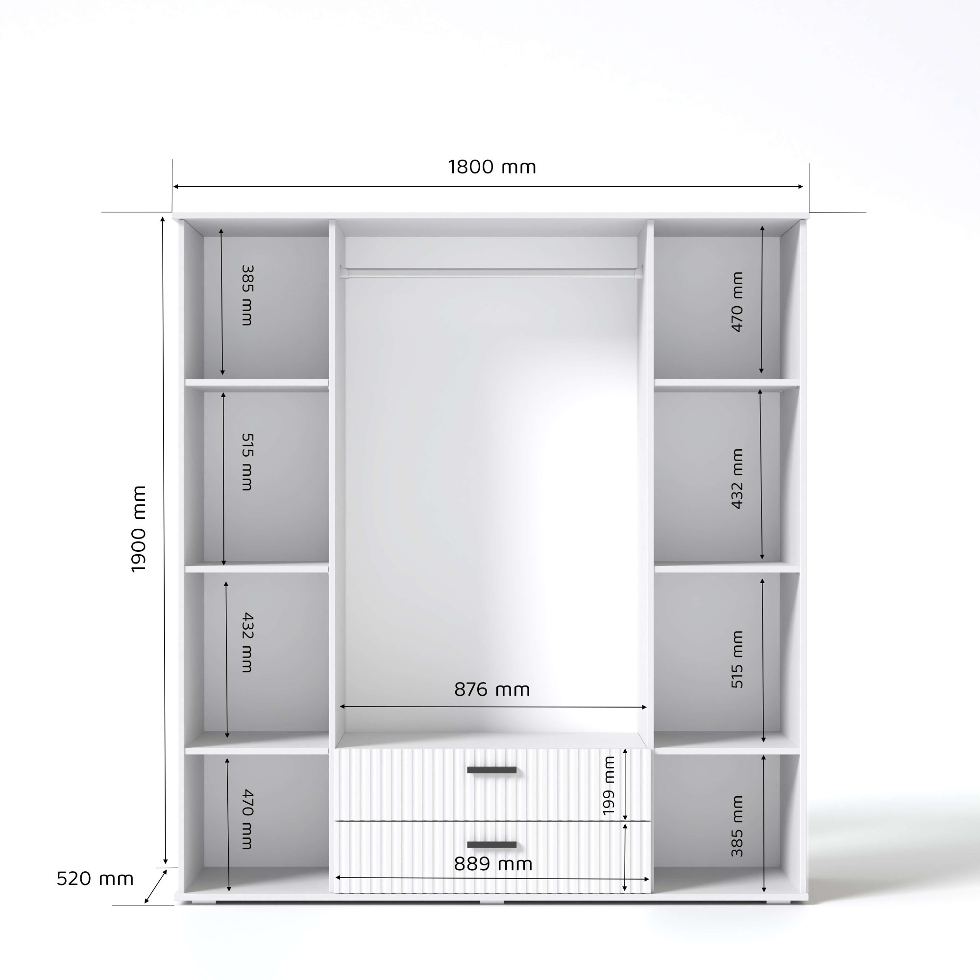 OTTO home Kleiderschrank »KOLLINE, modern mit viel Stauraum & geriffelter Struktur« H/B/T ca. 190/180/52cm,  Garderobe 4 Fächer, Kleiderstange, 2 Schubladen, 2 Spiegel