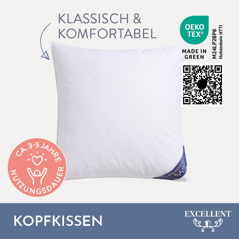 Excellent Kopfkissen »Venedig«, Füllung: weiße neue Federn und Daunen, Klasse I, 85% Federn / 15% Daunen, Bezug: Köper-Inlett, 100% Baumwolle, (Spar-Set, 2 St., 2 Kopfkissen), Kopfkissen 40x40, 40x80, 80x80, allergiker geeignet (Hausstaub)