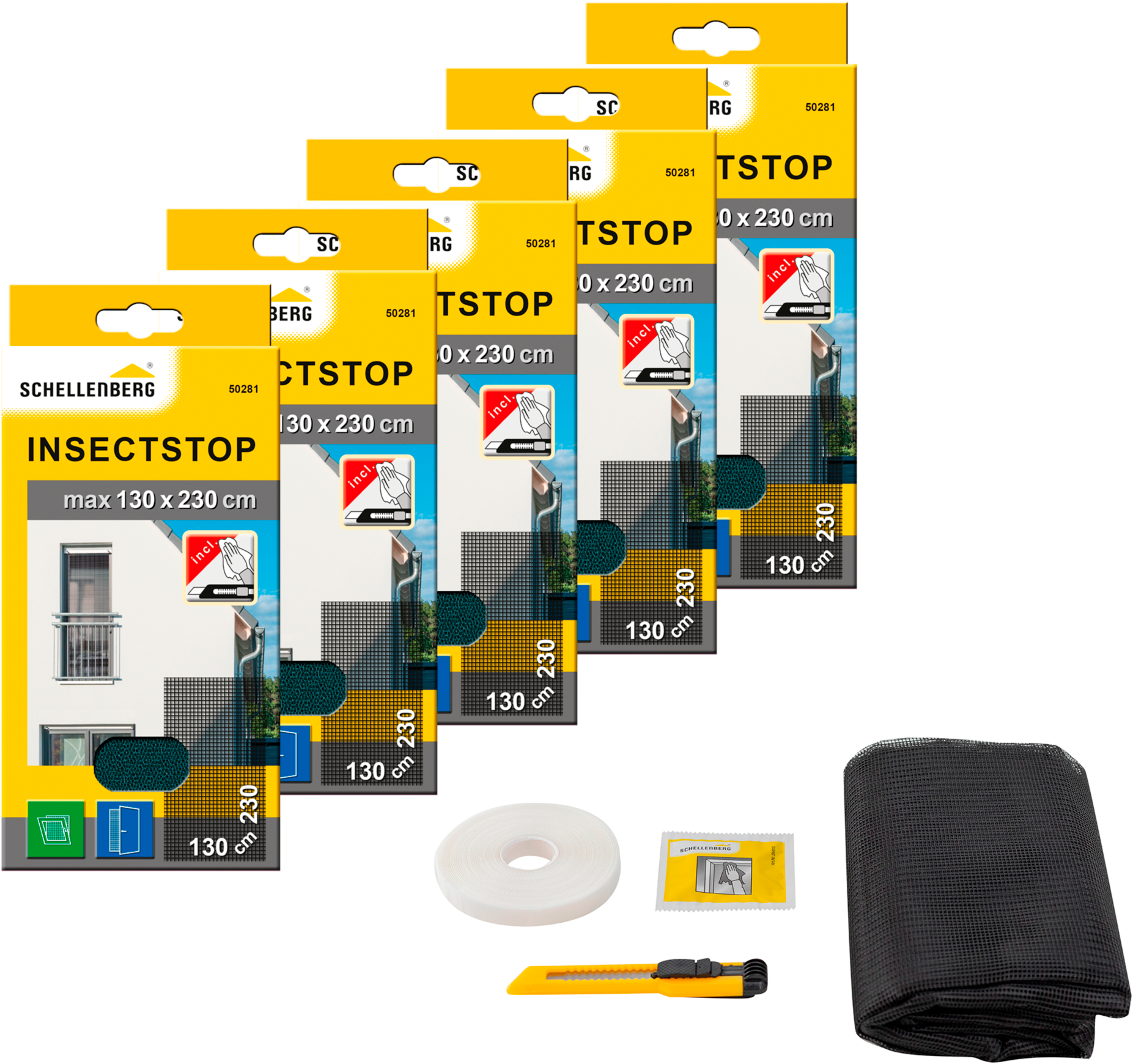 SCHELLENBERG Fliegengitter-Gewebe "für bodentiefe Fenster und Türen", B/H: 130cm x 230cm, 5er Pack, grau, Insektenschutzgitter, Insektenschutz ohne