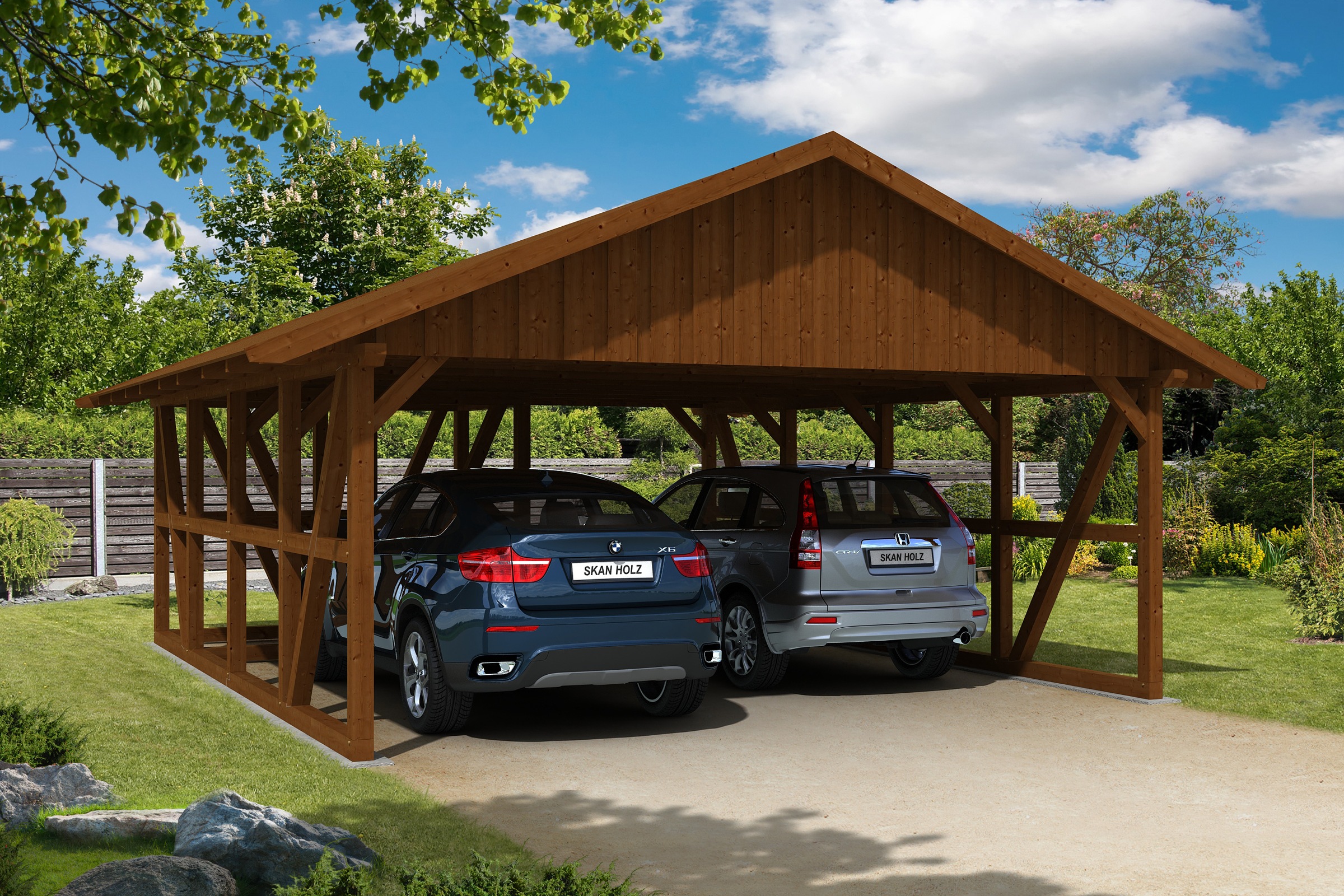 Skanholz Doppelcarport »Schwarzwald«, 560 cm, Nussbaum, mit Abstellraum 1, mit Dachschalung