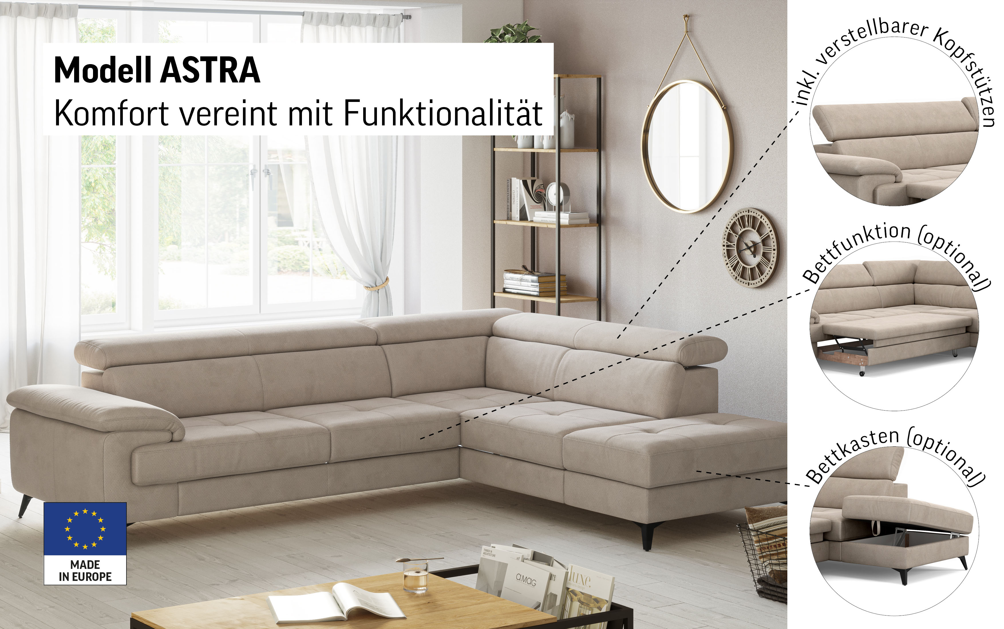 Thumbnail - COTTA Ecksofa "Astra L-Form, B: 286 cm" mit Kopfteilverstellung, optional Bettfunktion & Bettkasten