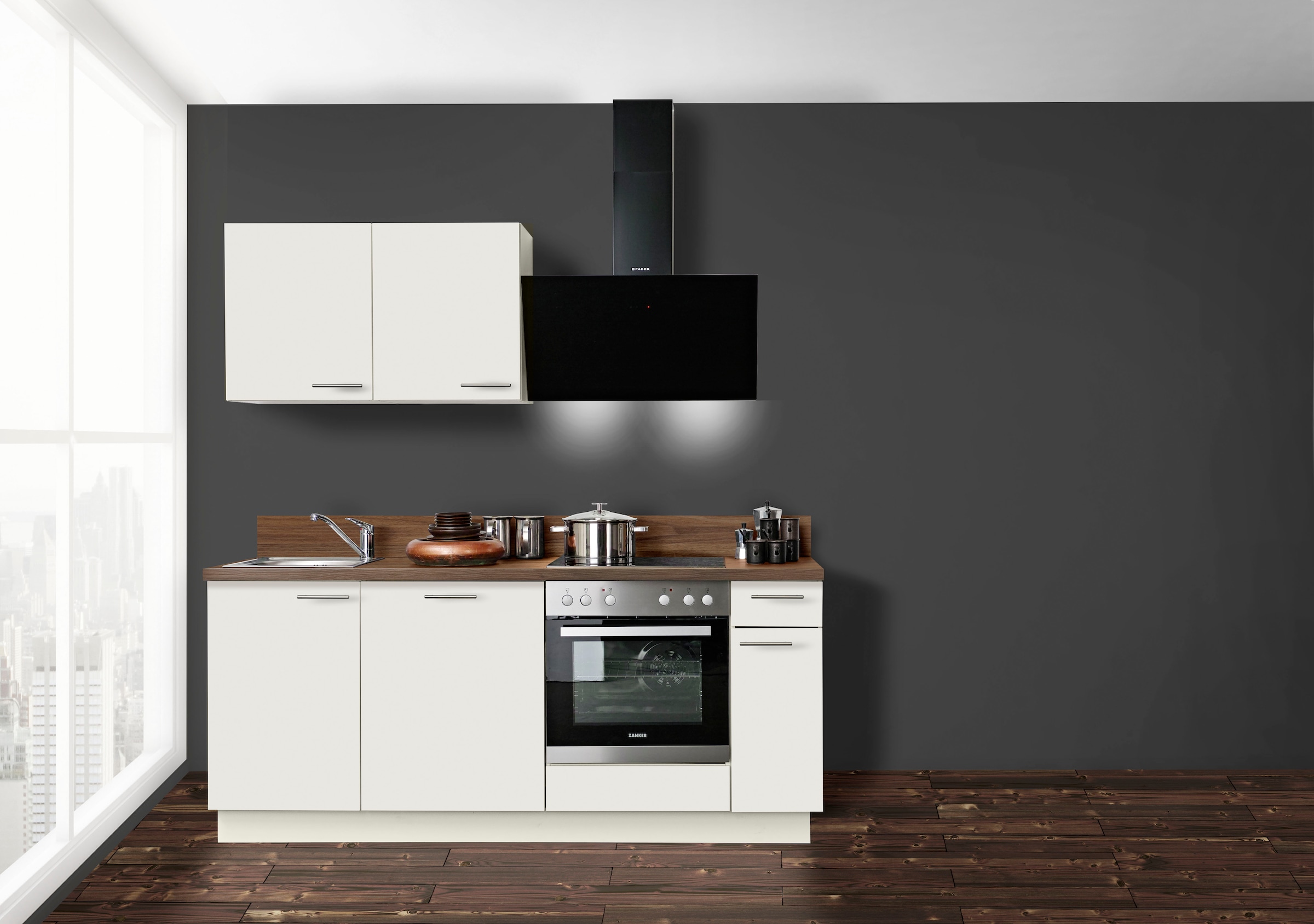 Kochstation Küchenzeile »KS-Scafa, vormontiert, mit höhenverstellbaren Füßen«, vormontiert, wahlweise mit E-Geräten, mit Soft-Close, Breite 200 cm