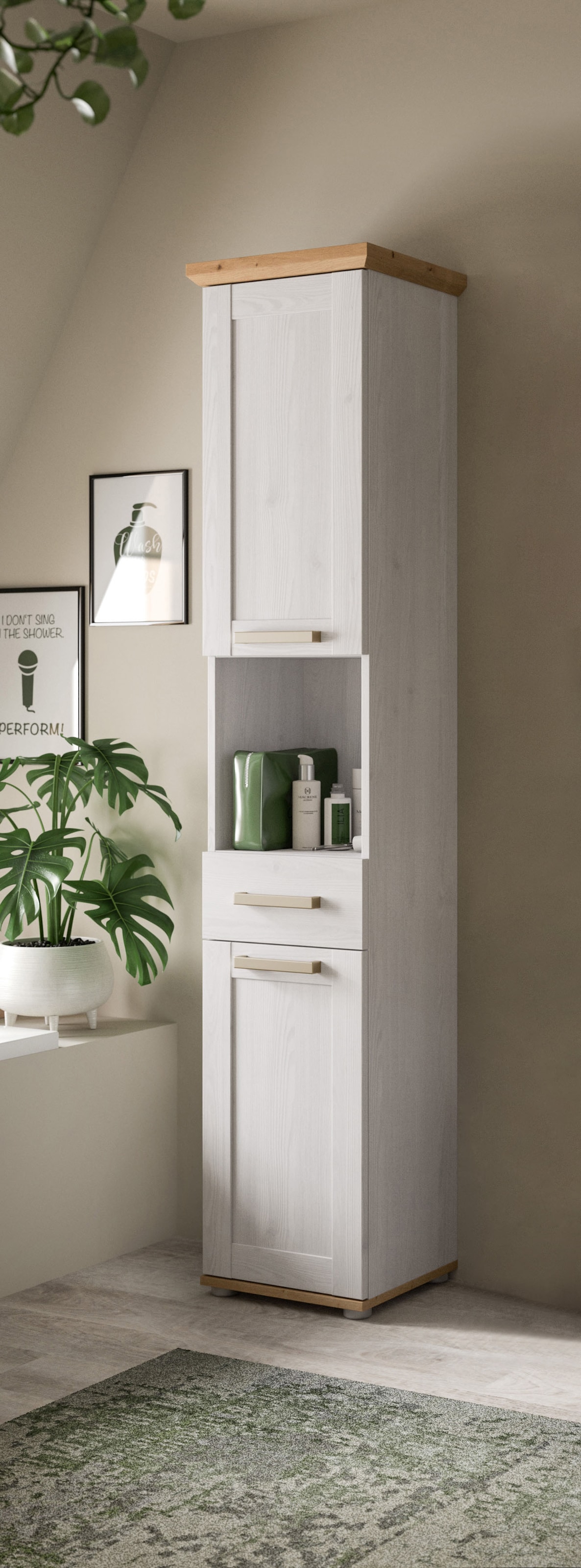 welltime Hochschrank »COSENZA, Höhe 187cm, 2 Türen, 1 Schubkasten, 1 offenes Fach« in Landhausoptik, mit weiteren Artikel der Serie kombinierbar, 1 Stk. tlg. Hochschrank, Bad, Badezimmerschrank