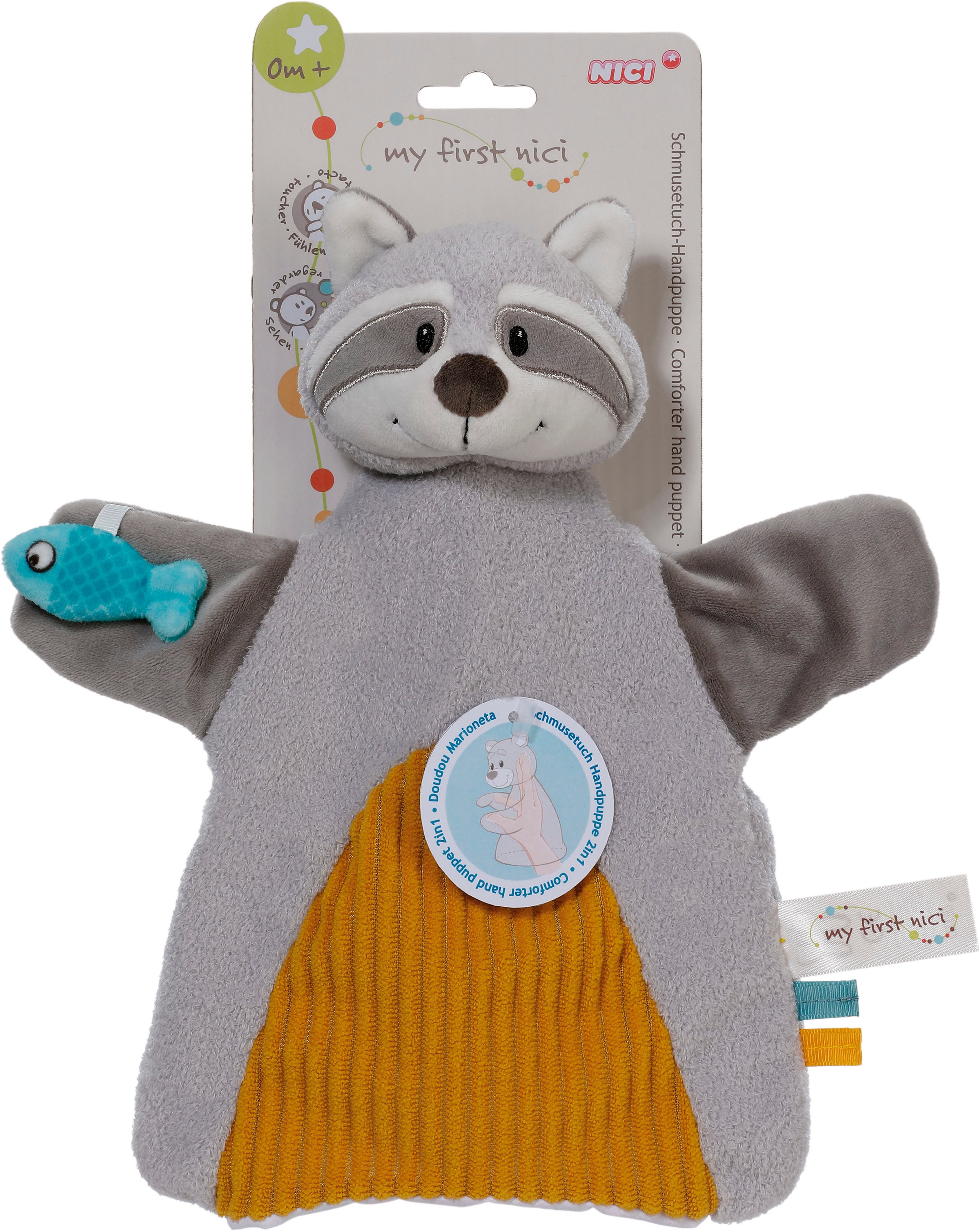 Nici Schmusetuch »My first NICI, Handpuppe Waschbär 2in1 26x25 cm«, sanfte Materialmix aus glattem und geripptem Plüsch