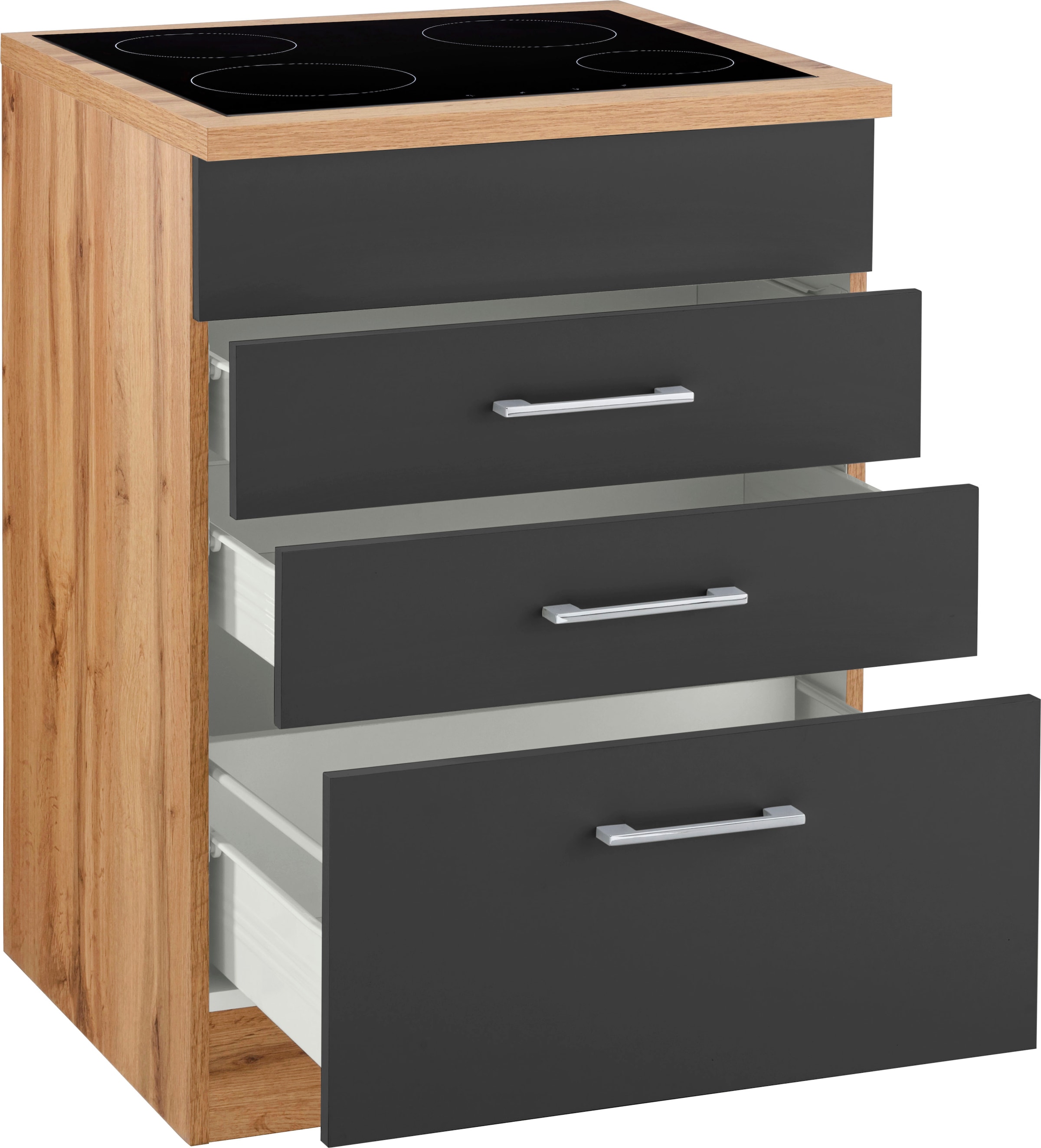 KOCHSTATION Kochfeldumbauschrank »KS-Colmar«, 60 cm, mit Metallgriff, 2 Schubkästen und 1 Auszug
