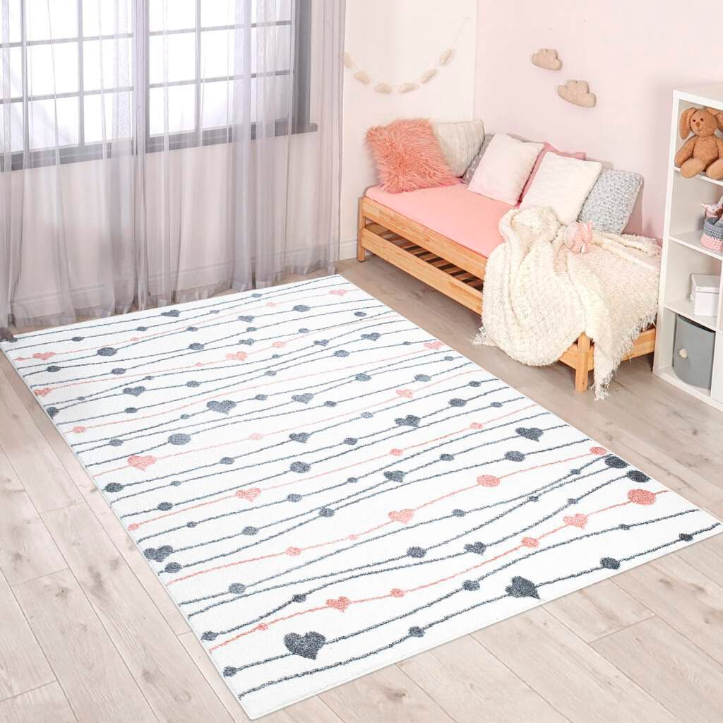 Carpet City Kinderteppich "ANIME901", rechteckig, 11 mm Höhe, Kinderzimmer Teppich Modern mit Mond, Blumen, Wolken, Crem