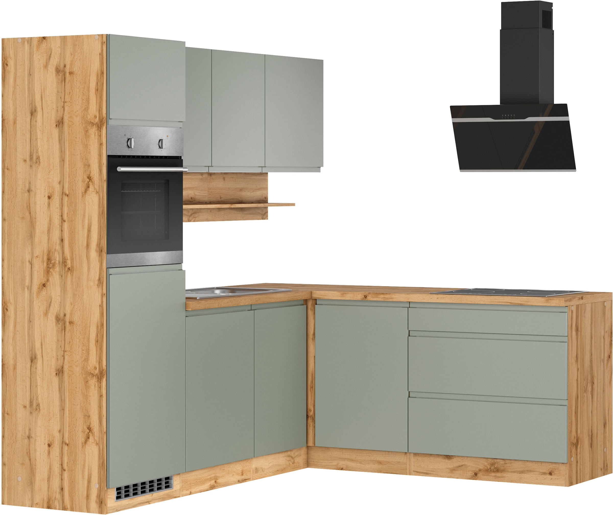 KOCHSTATION "KS-Virginia,neu in verbesserter Ausführung" Arbeitsplatte 38 mm stark, Stauraum, Softclose, Stellbreite 230/190 cm, Soft-Close, ohne E-Geräte