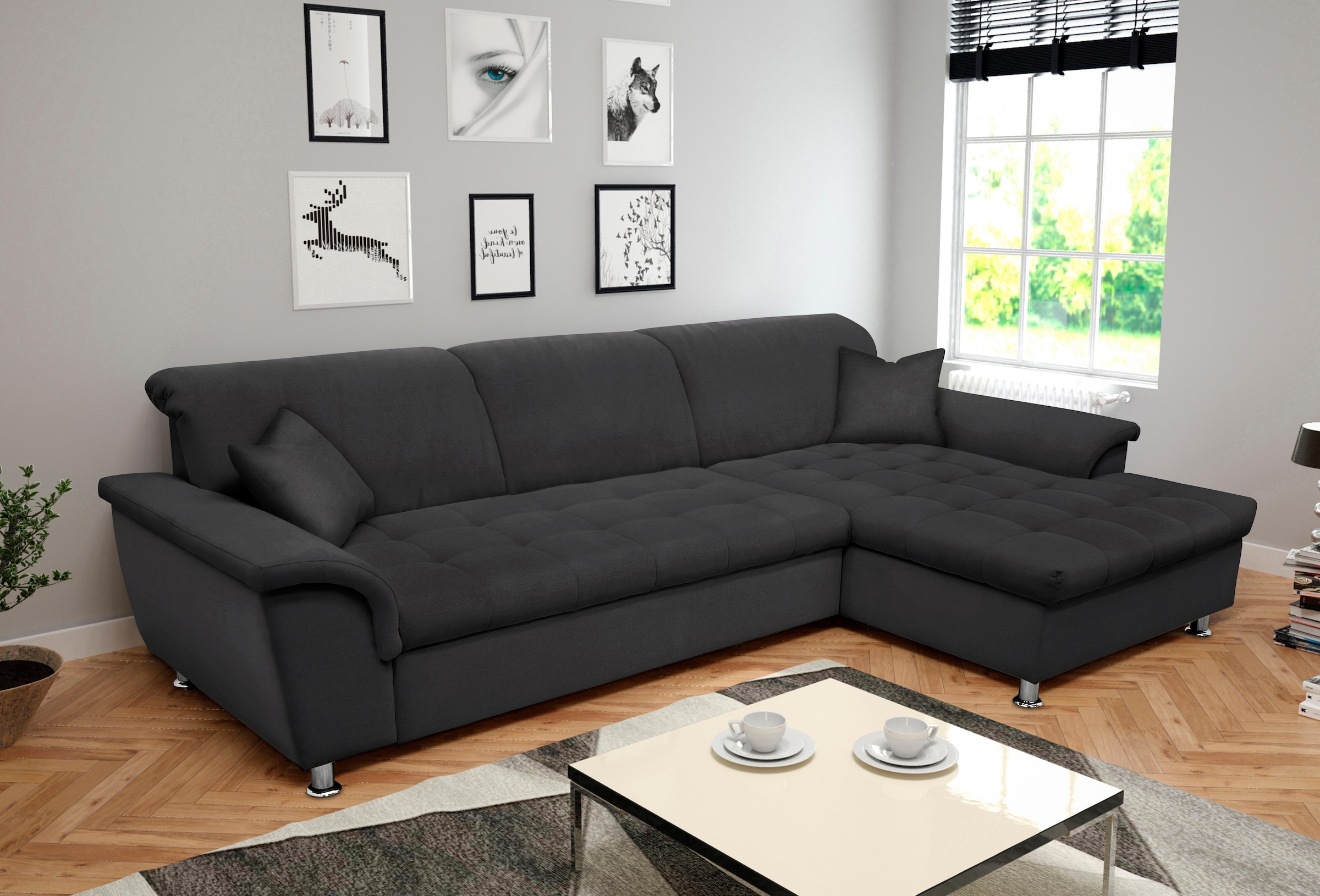 DOMO collection Ecksofa "FRANZI 278x170x81 cm, Steppung im Sitzbereich, L-Form" mit Kopfteilverstellung, Flachgewebe, graphite