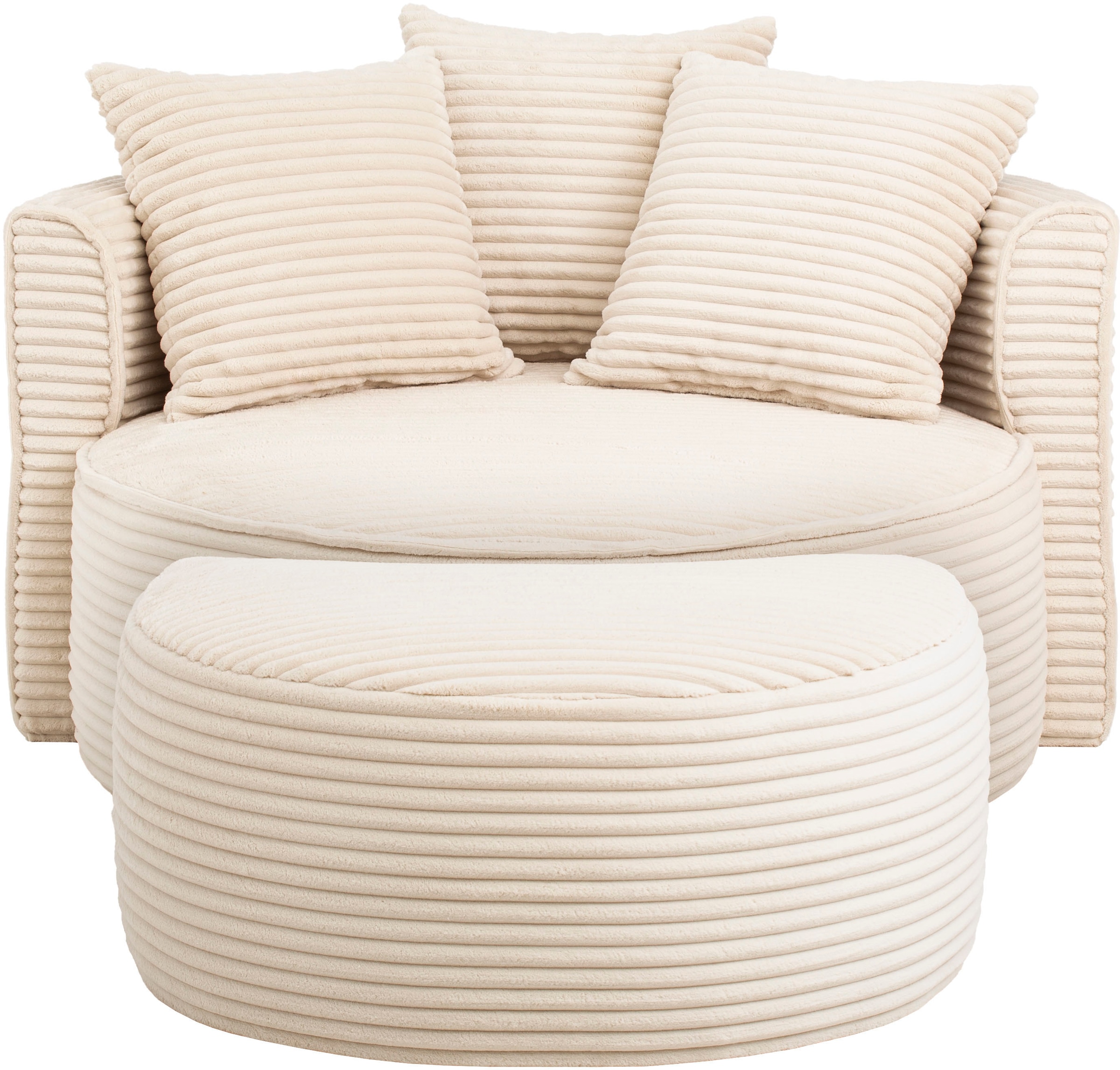 LeGer Home by Lena Gercke XXL-Sessel »Isalie, Rundsessel mit Hocker, Lesesessel, Loveseat, Big-Sessel«, (Set), trendige Stoffe, mit 3 Zierkissen, große Sitzfläche