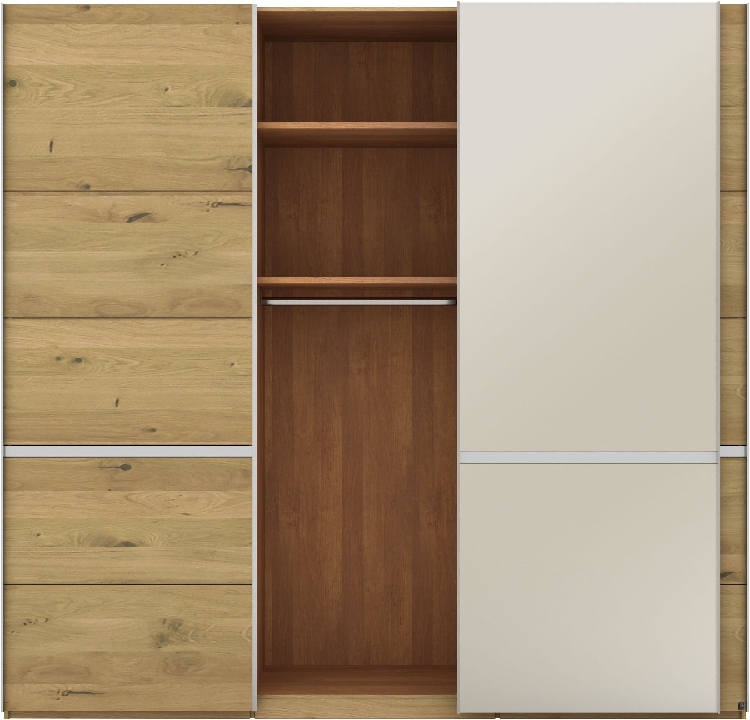 Musterring Schwebetürenschrank »Savona, Kleiderschrank, Schrank, Garderobe, mit Schiebetüren«, (Teilmassiv Bianco-Eiche, mit Spiegel oder Glas, MADE IN GERMANY), Türen Bianco-Eiche massiv, Spiegel-/Glastüren, eingelegte Chromleiste