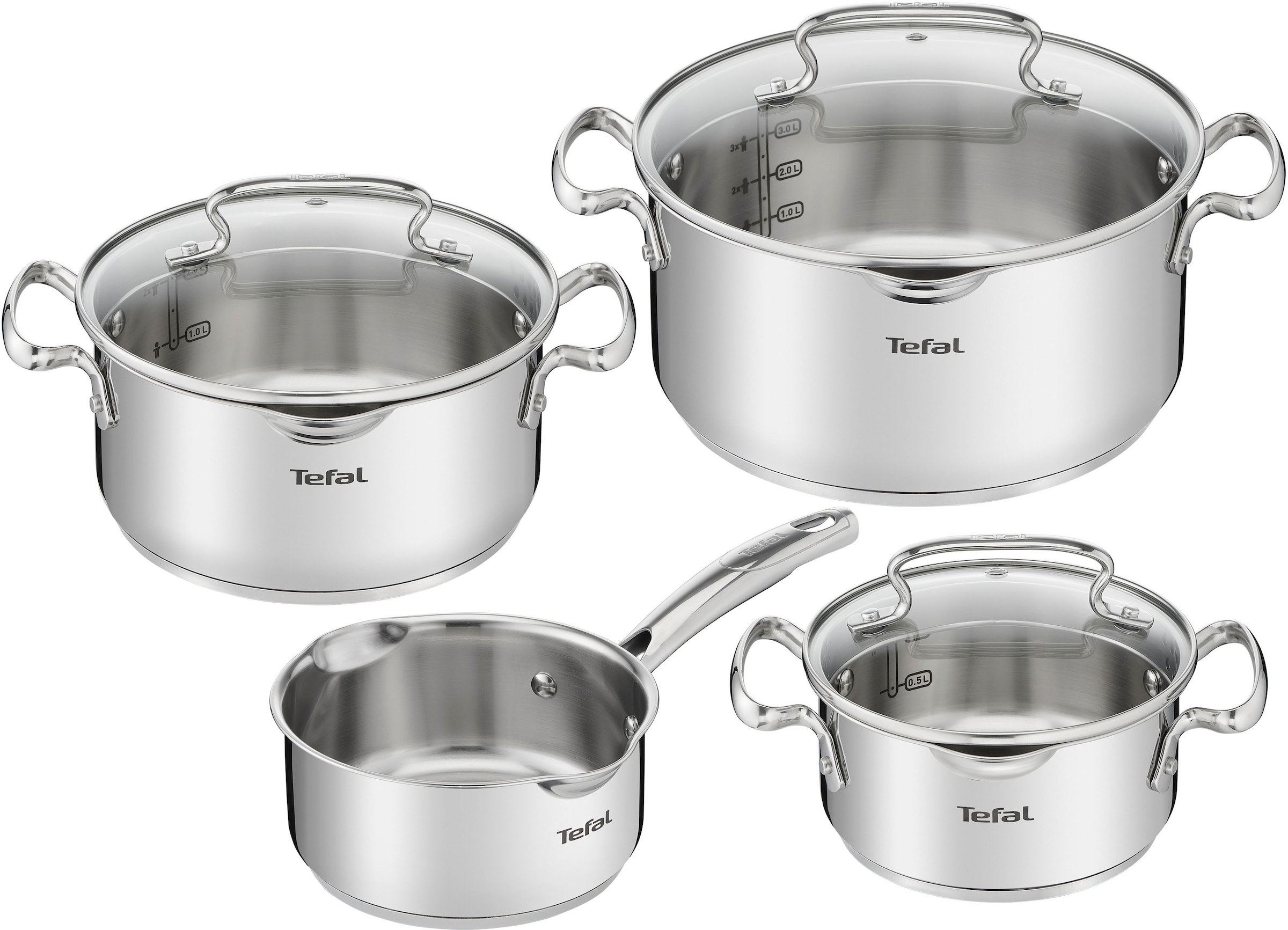 Tefal Topf-Set "Duetto+ G719S7", Edelstahl 18/10, (Set, 7 tlg., Kochtopf mit Glasdeckel 16/20/24 cm, Stielkasserolle 16 