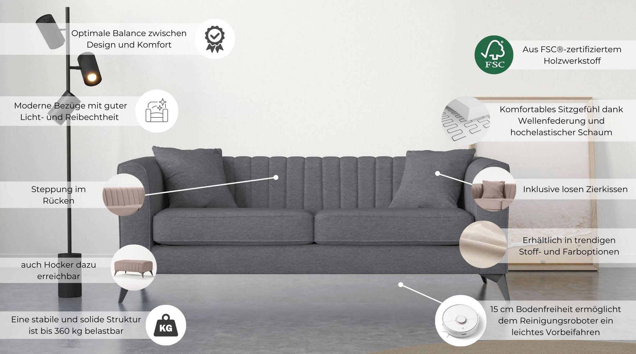 Places of Style 3-Sitzer »MATTHEW elegantes Designsofa, Maße B/T/H: 201/86/74 cm«, feine Steppung im Rückenbereich, lose Sitzkissen, incl. Zierkissen
