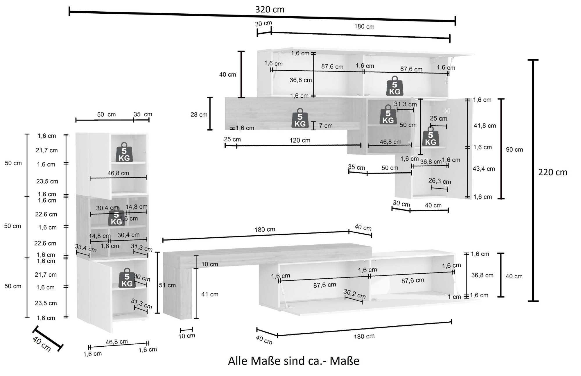 INOSIGN Wohnwand »Chronos Wohnwand, Medienwand, 8-er set«, (Set, 8 St.), ca. 320 cm mit Hängeschränke, Würfel, Regal, Lowboard, Made in Italy