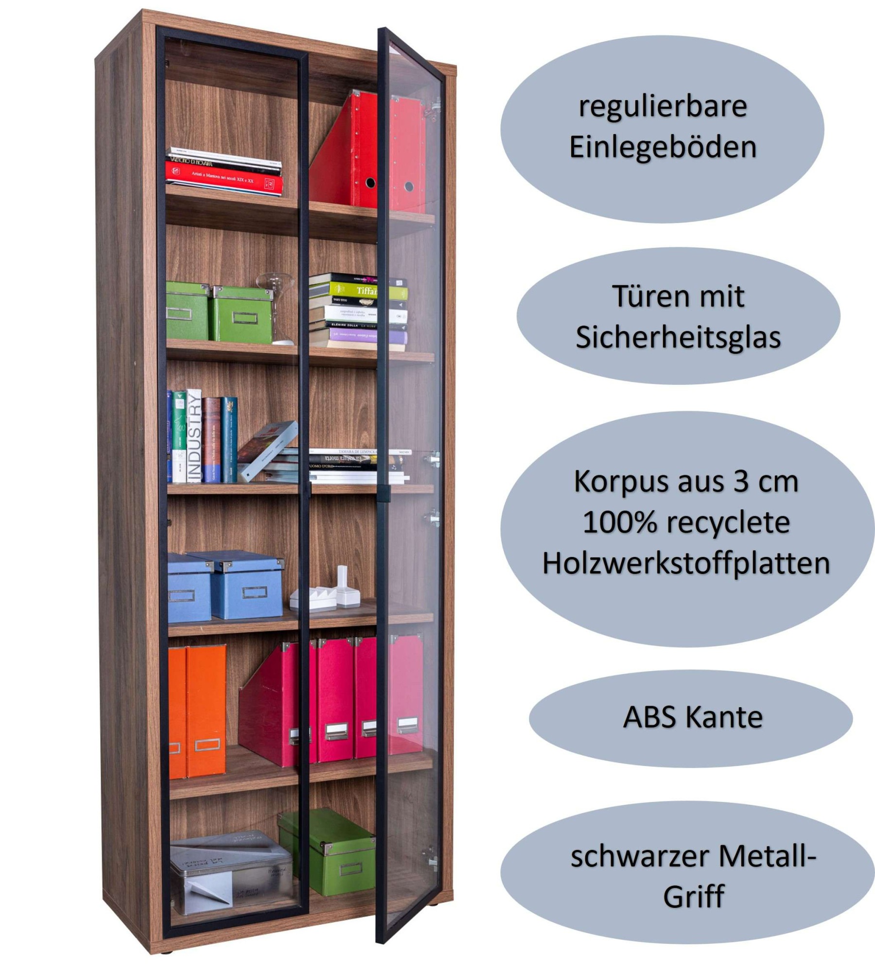 Composad Aktenschrank »DAVINCI, mit 2 Glastüren und 6 Fächern, verstellbare Böden,«, Höhe 217,5 cm, 100% recyceltes Holz, Made in Italy