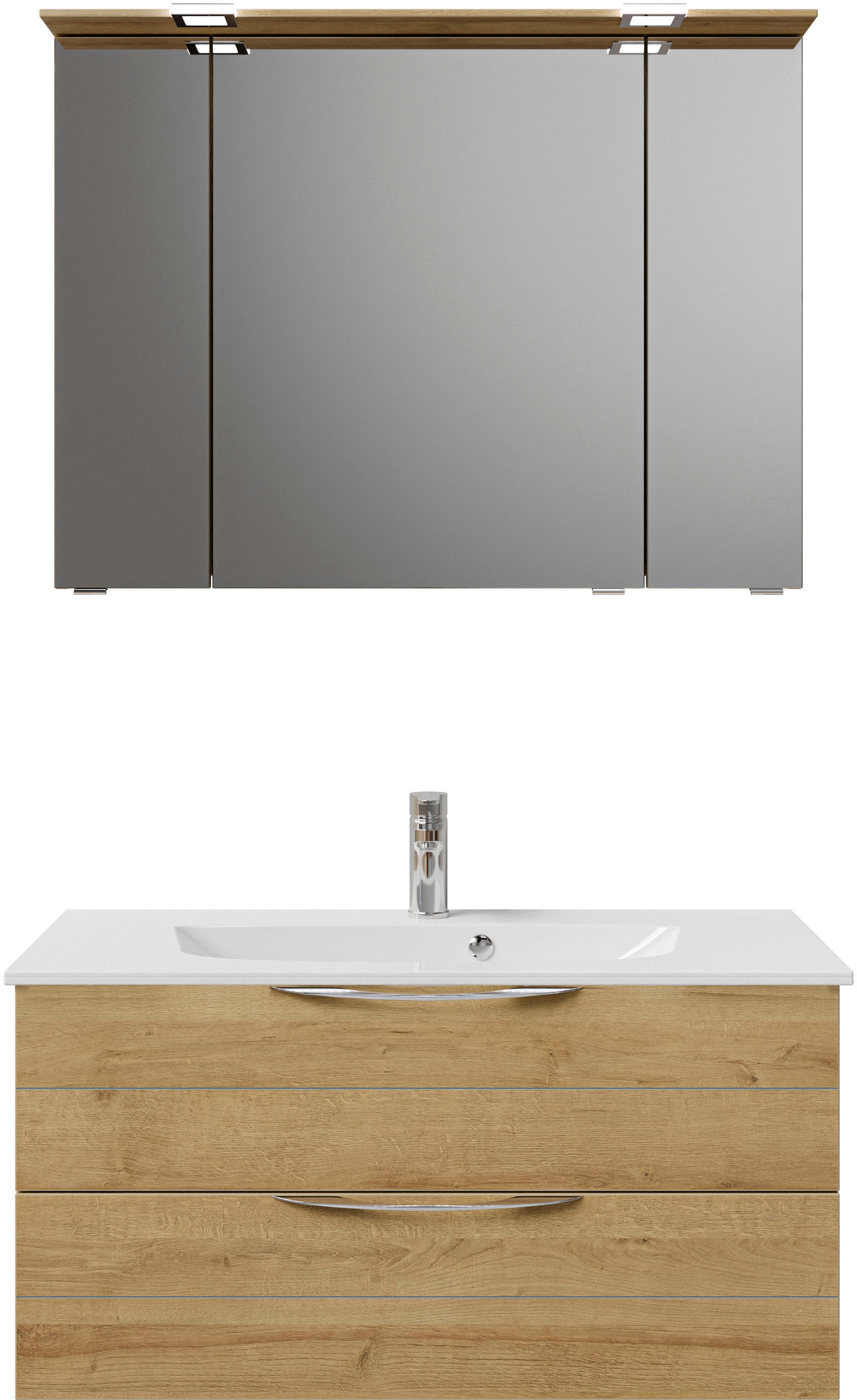 Saphir Badmöbel-Set »Serie 6025 2-teilig Mineralmarmor-Waschtisch mit LED-Spiegelschrank«, (2 St.), Waschplatz 97 cm breit, 2 Schubladen, 3 Spiegel-Türen, inkl Türdämpfer