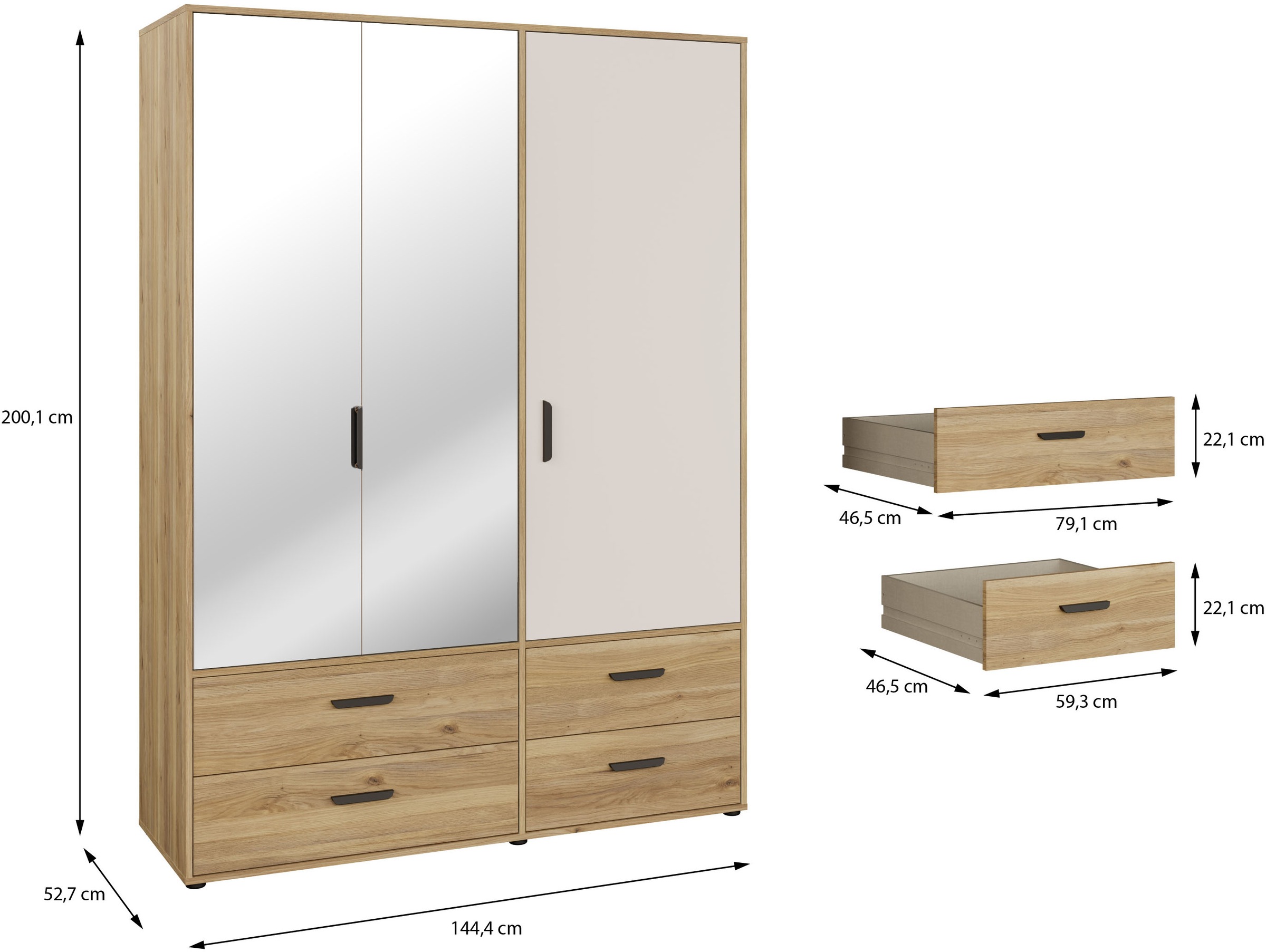FORTE Drehtürenschrank »Schrank mit Spiegel, zeitloses Design, 3türig« viel Stauraum, Schubladen, Spiegeltürenm Höhe 200 cm