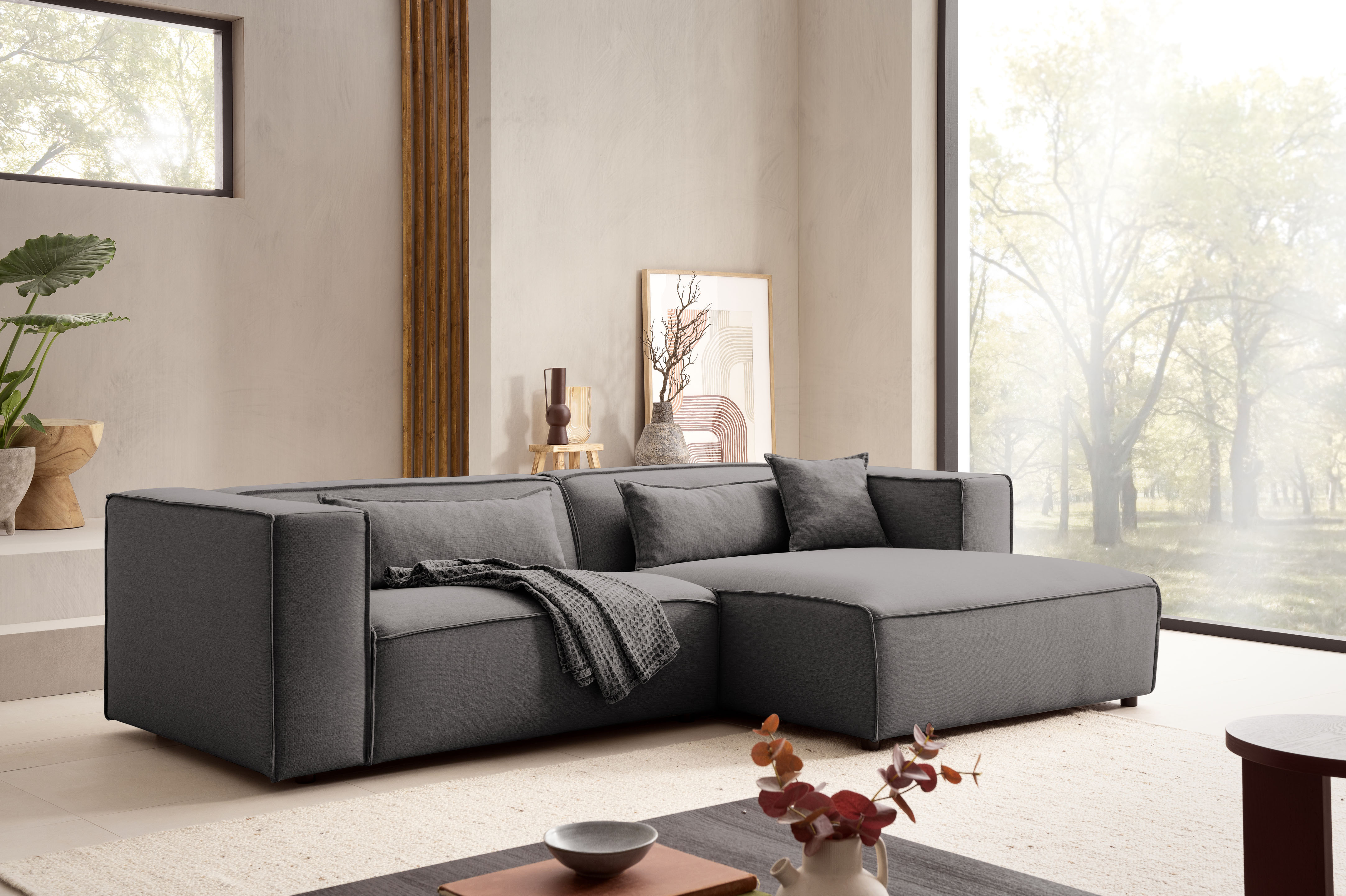 LeGer Home by Lena Gercke Ecksofa "PIARA Struktur u. Leinenoptik mit Kedernaht L-Form" wahlweise Ottomane rechts/links, schwarze Füße, bequemer Sitzkomfort