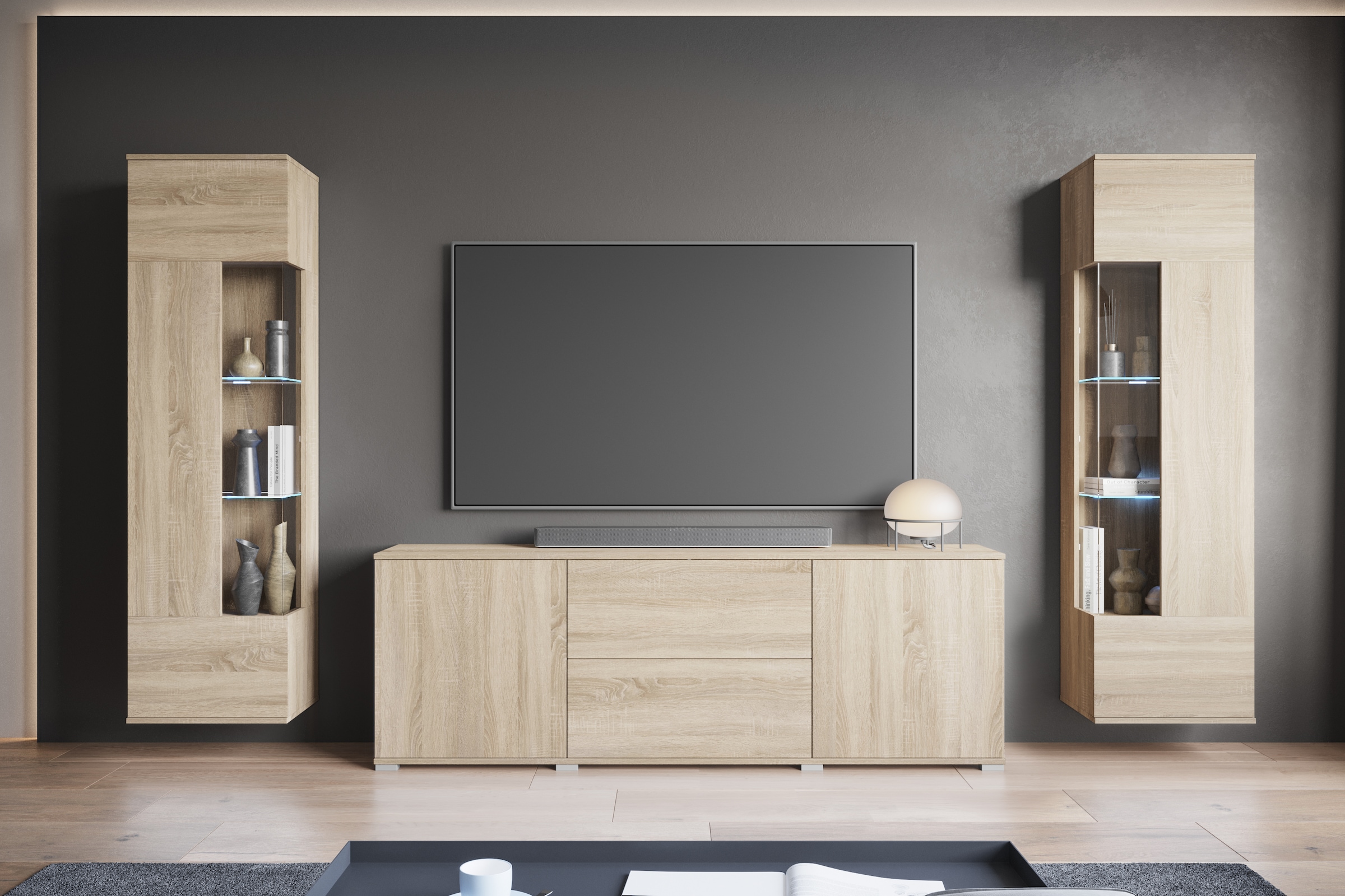 INOSIGN Wohnwand »KENIA«, (Komplett-Set, 3 St.), Vitrinen mit Eckverglasung, hängend und stehend montierbar