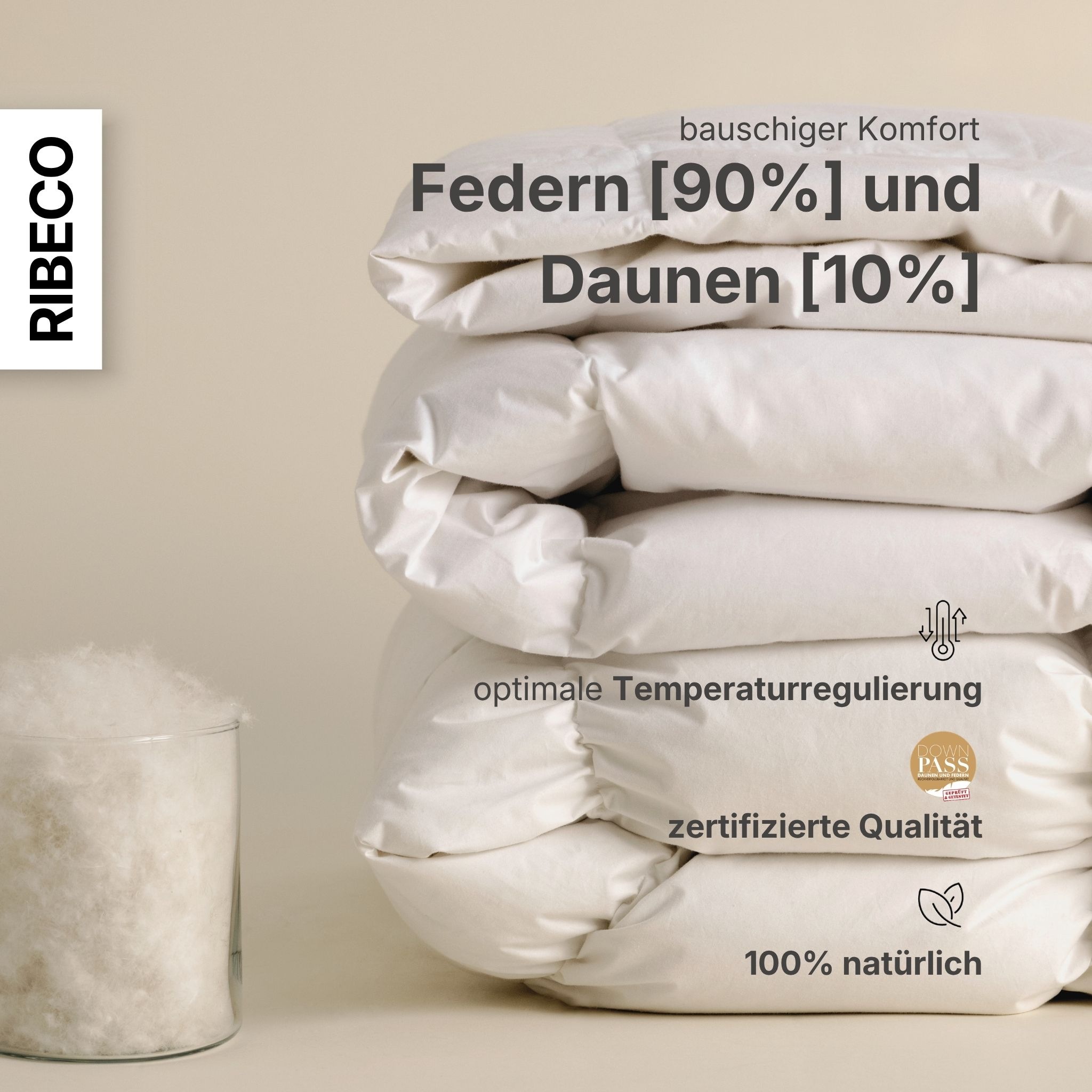 RIBECO 1100000002199 »Laram, Bettdecken für Sommer oder Winter, Made in Germany« leicht Füllung 90 % Federn, 10 % Daunen 1 Stk. tlg. Super Preis-Leistung, Bettdecke 135x200 cm oder 155x220 cm, Decke