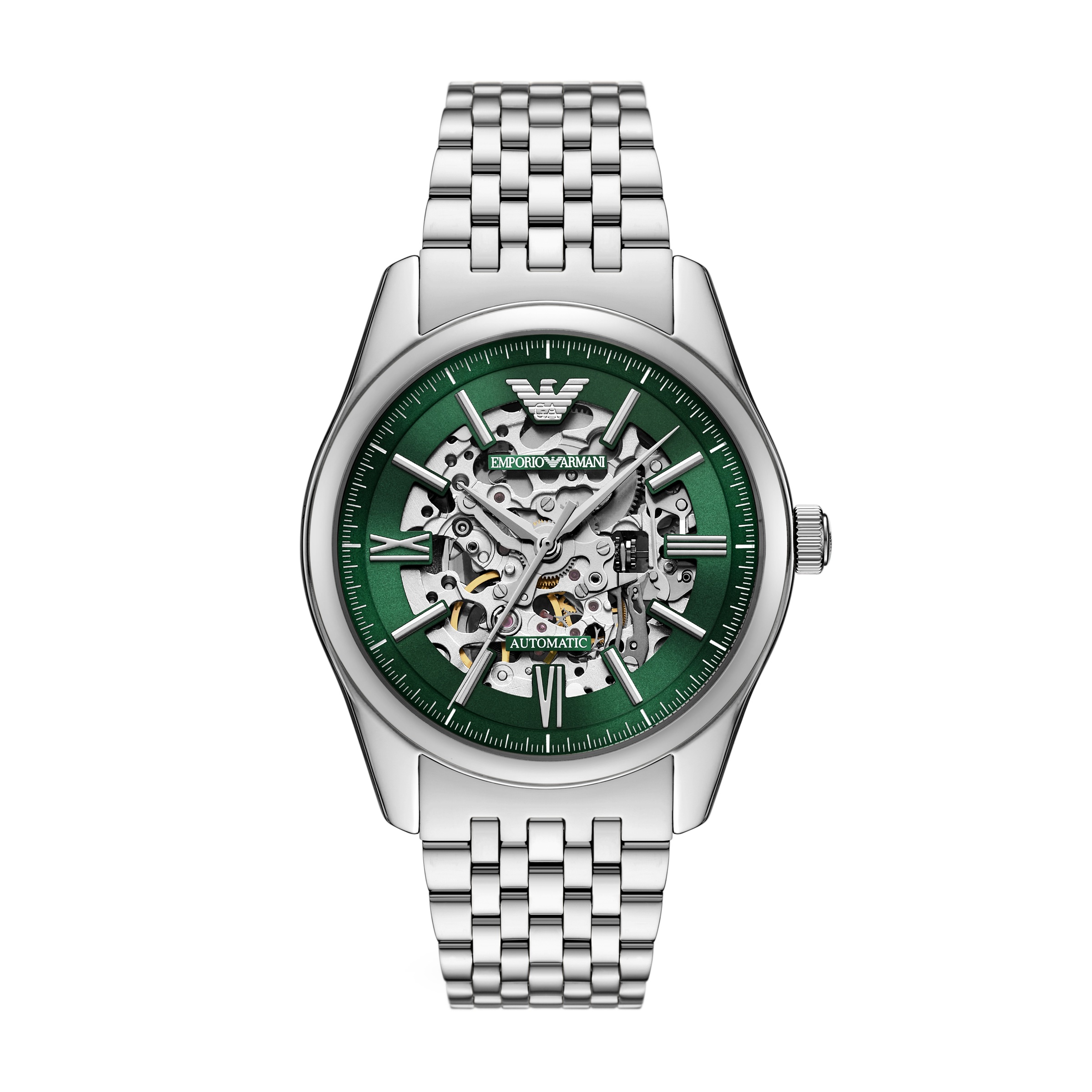 EMPORIO ARMANI Herren Automatikuhr, grün, Armbanduhren, Armbanduhr, Herrenuhr, Mechanische Uhr, Edelstahlarmband, analog