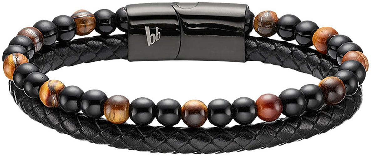 Lederarmband BRUNO BANANI "Schmuck", braun (braun, schwarz, braun, schwarz), Armbänder, Damen, 21cm, Edelstahl Leder, Edelstahl, Leder, Lederarmband, mit Tigerauge (synth.)