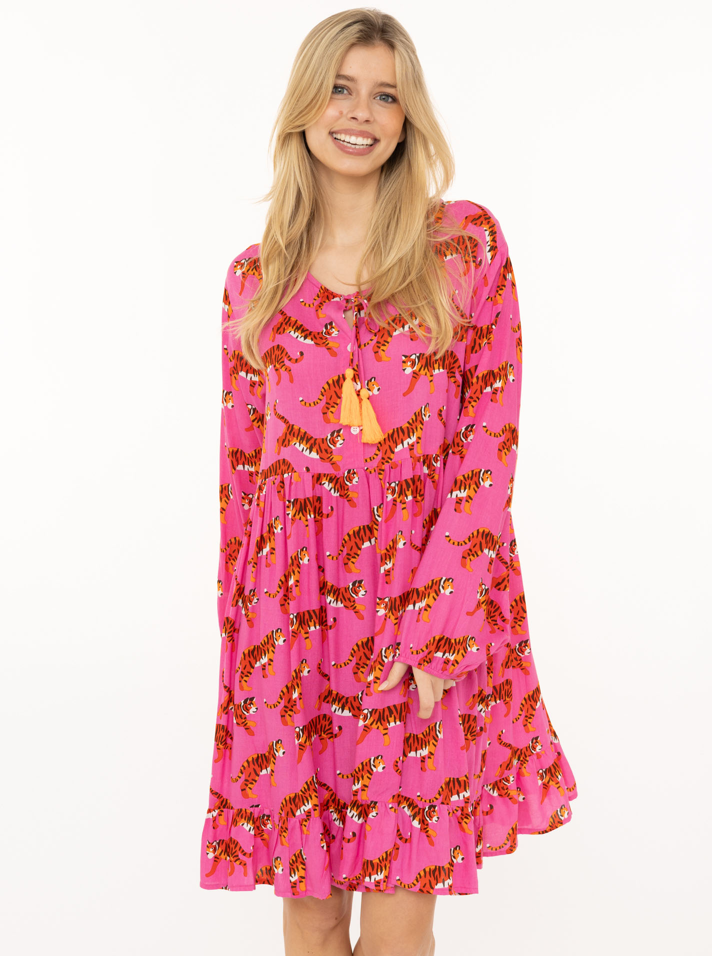 Zwillingsherz Sommerkleid ""Trendy Tiger"" Ohne Taschen Tigermotiv, mit Tassel lange Ärmel, figurumspielend