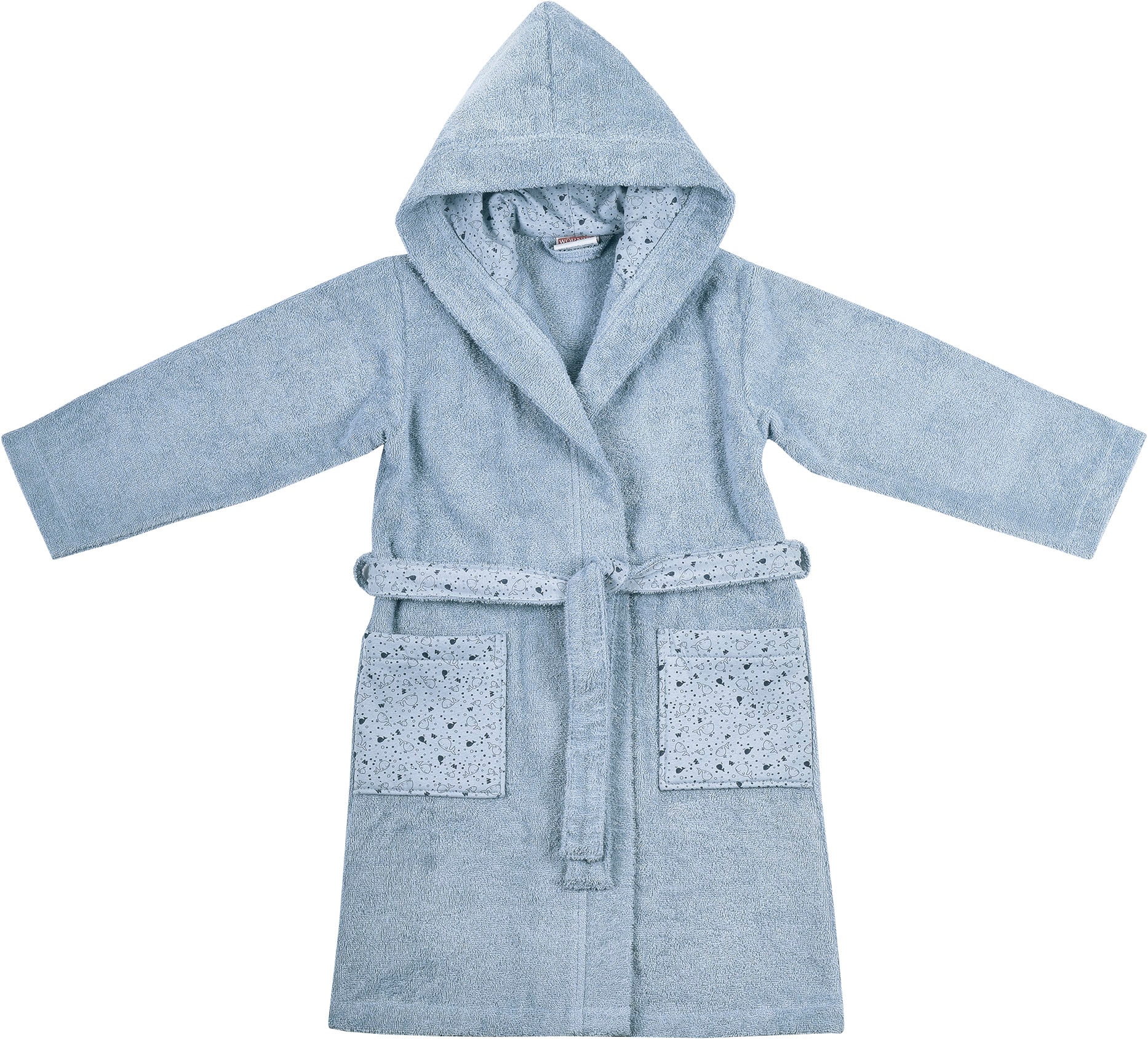Kinderbademantel WÖRNER, L:80cm, blau, Baumwoll-Webfrottier, Hausmäntel, "Wal", mit Stickerei, mit Tasche, maschinenwaschbar, trocknergeeignet