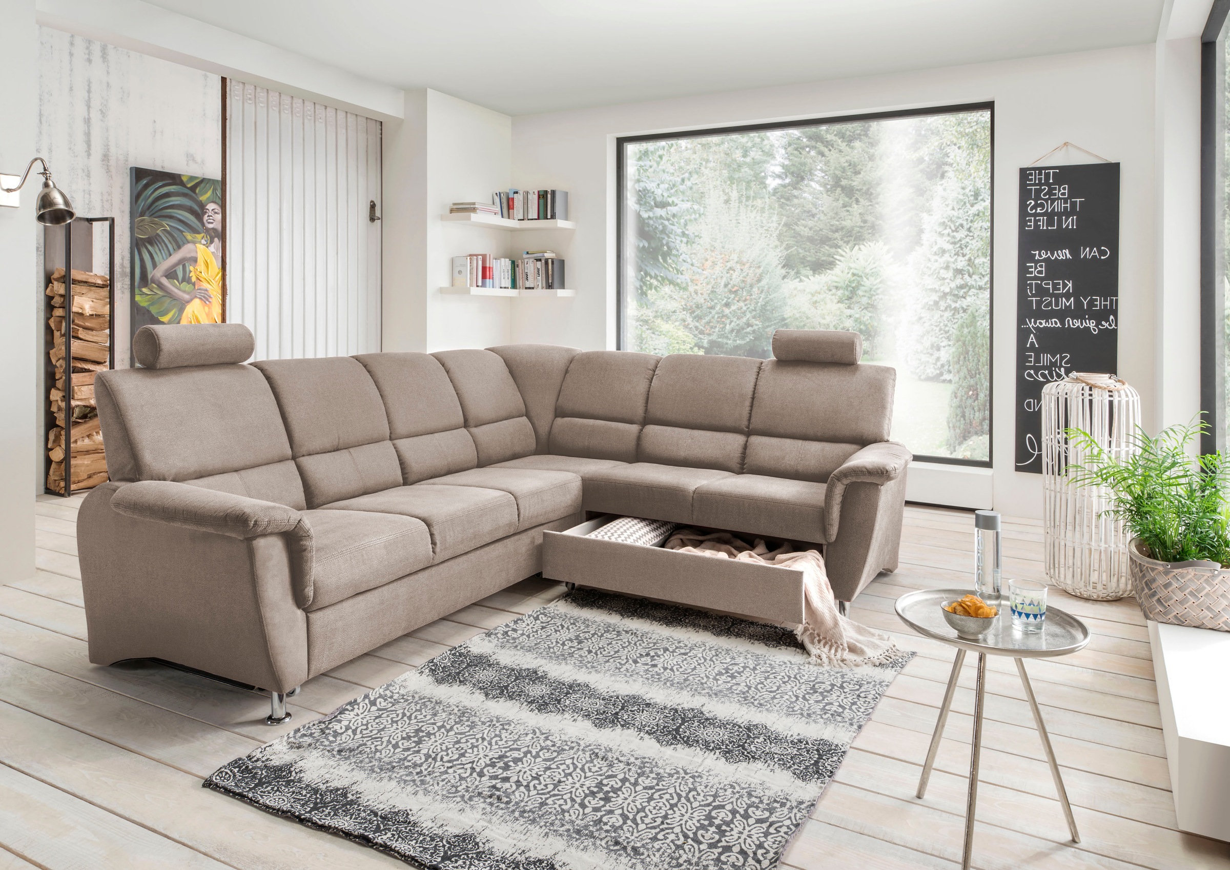 Home affaire Ecksofa »Pisa L-Form, mit Schlaffunktion, Stauraum, 2x höhenverstellbare«, Kopfstützen und Relaxfunktion im Eckelement