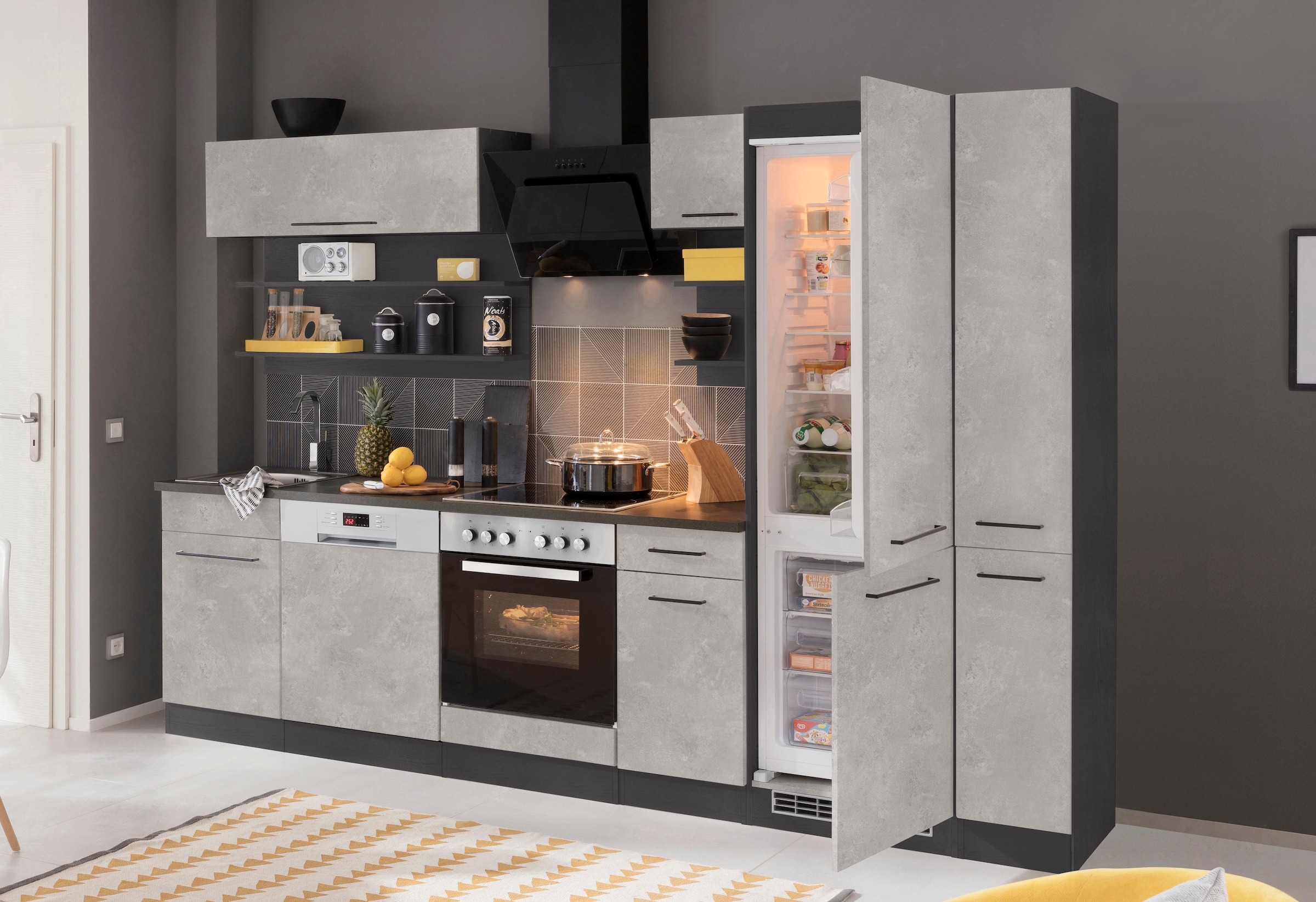 KOCHSTATION Küchenzeile »KS-Tulsa«, mit E-Geräten, Breite 300 cm, schwarze Metallgriffe, MDF Fronten