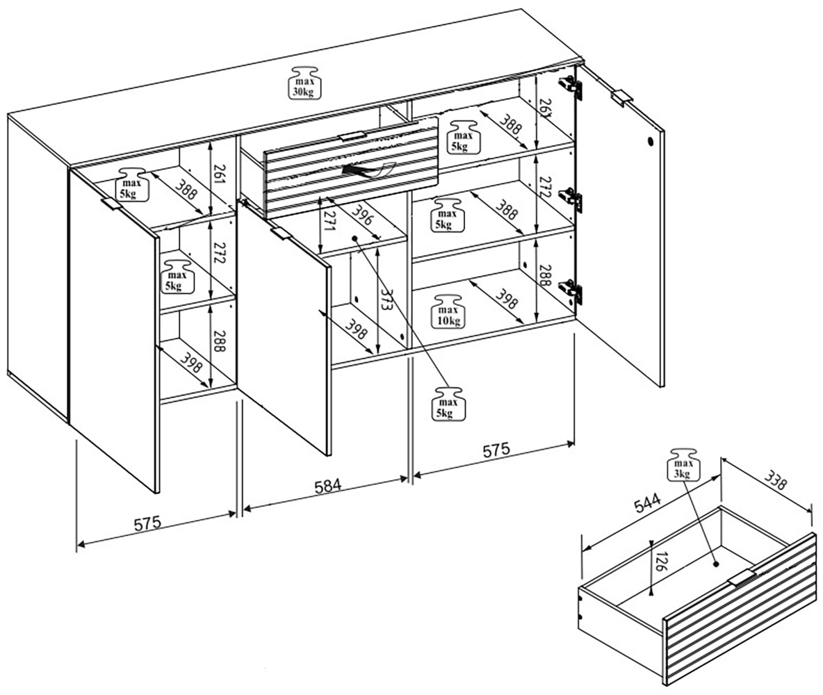 Innostyle Sideboard »INA Sideboard, 180 x 90 x 45 cm (B/H/T)« 1 Stk. tlg. 3 türig, Schublade, Softclose