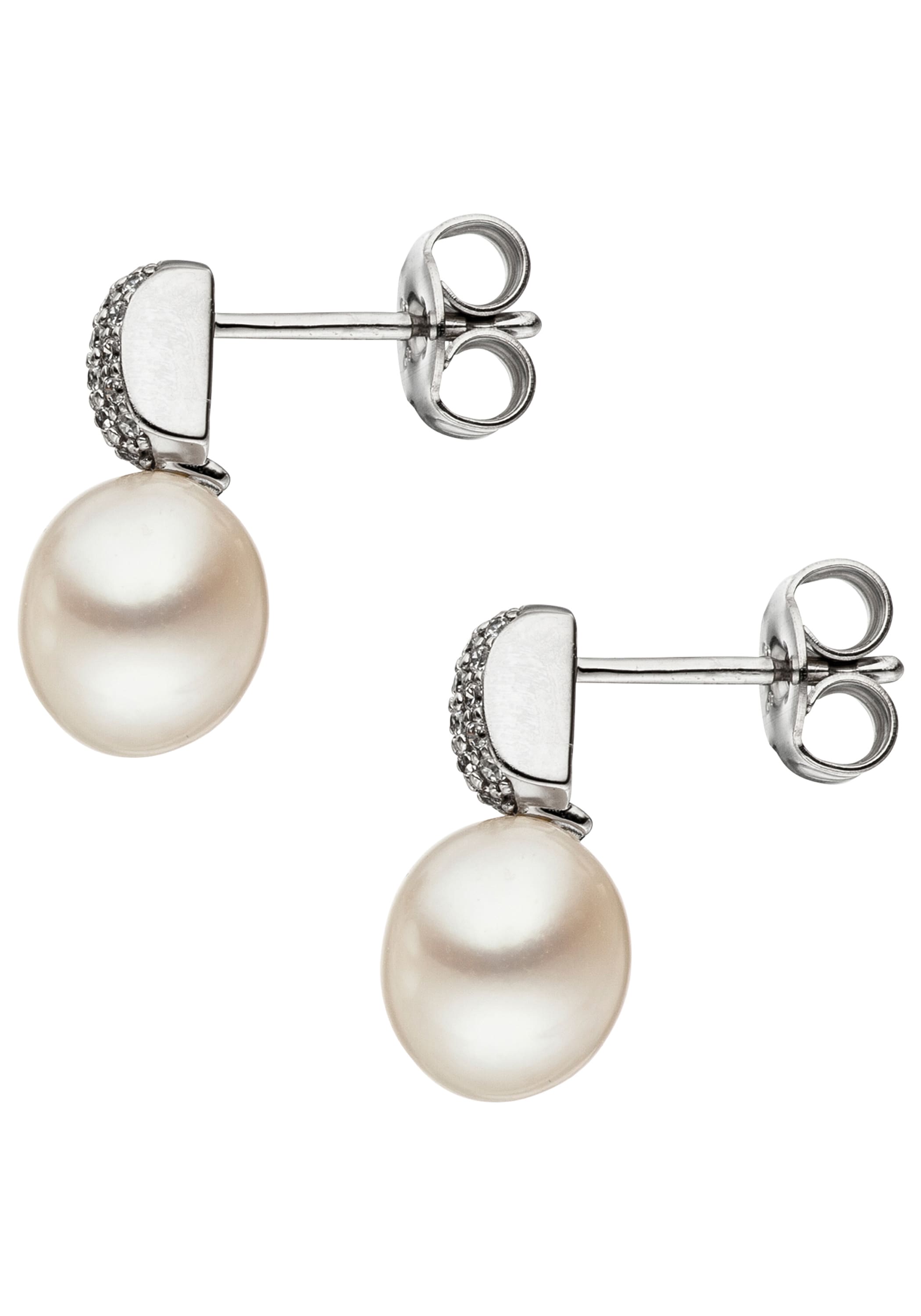 JOBO Perlenohrringe »Ohrringe Weißgoldohrringe 14 mm« 333 Weißgold mit Perlen und 32 Zirkonia