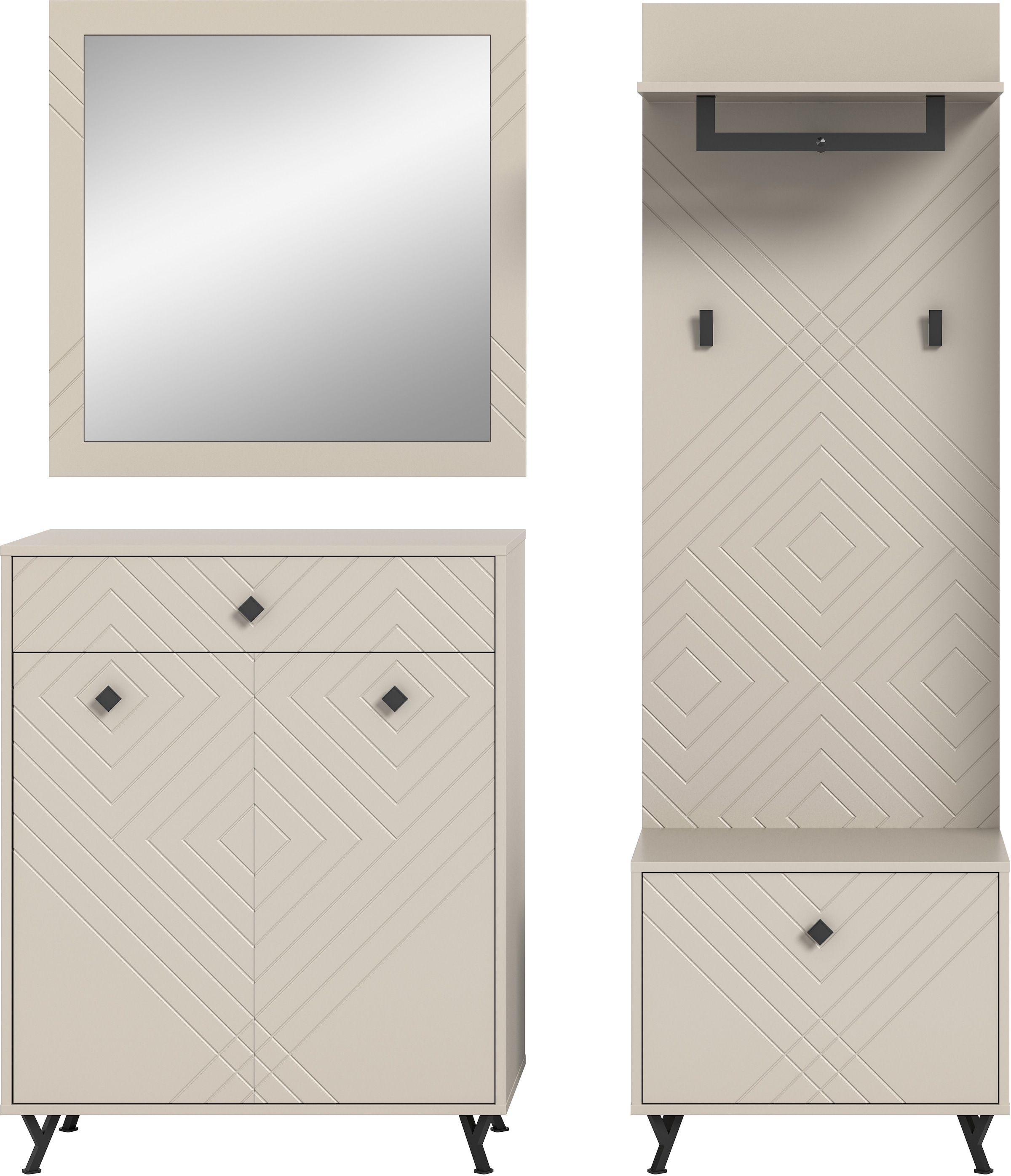 INOSIGN Garderoben-Set »Mento, 4-teilig, Ornamentfräsung in der Front, bestehend aus:«, (Set, 4 St.), Kommode, Spiegel, Sitzbank & Garderobenpaneel, Metall Griffe & Füße