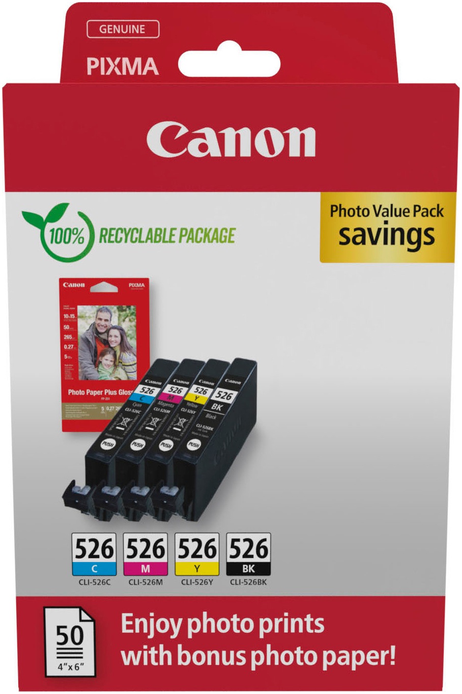 Canon Tintenpatrone »CLI-526 BK/C/M/Y + Fotopapier Value Pack«, (Packung)