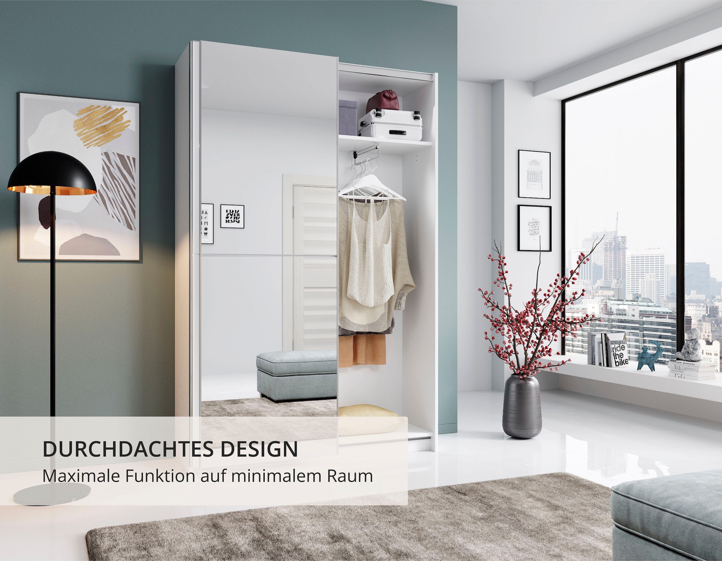 Schlafkontor Schwebetürenschrank »Heimo/Fast Schrank Kleiderschrank Garderobe« geringe Tiefe, ausziehbarer Kleiderstange, Garderobenschrank, 6 Böden