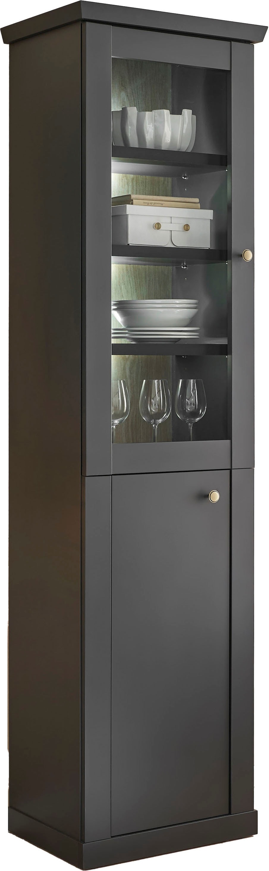 Home affaire Vitrine »Lincoln, Hochschrank im Landhausstil, moderne Glasvitrine« edles Design, messingfarbene Knopfgriffe, vielseitig einsetzbar