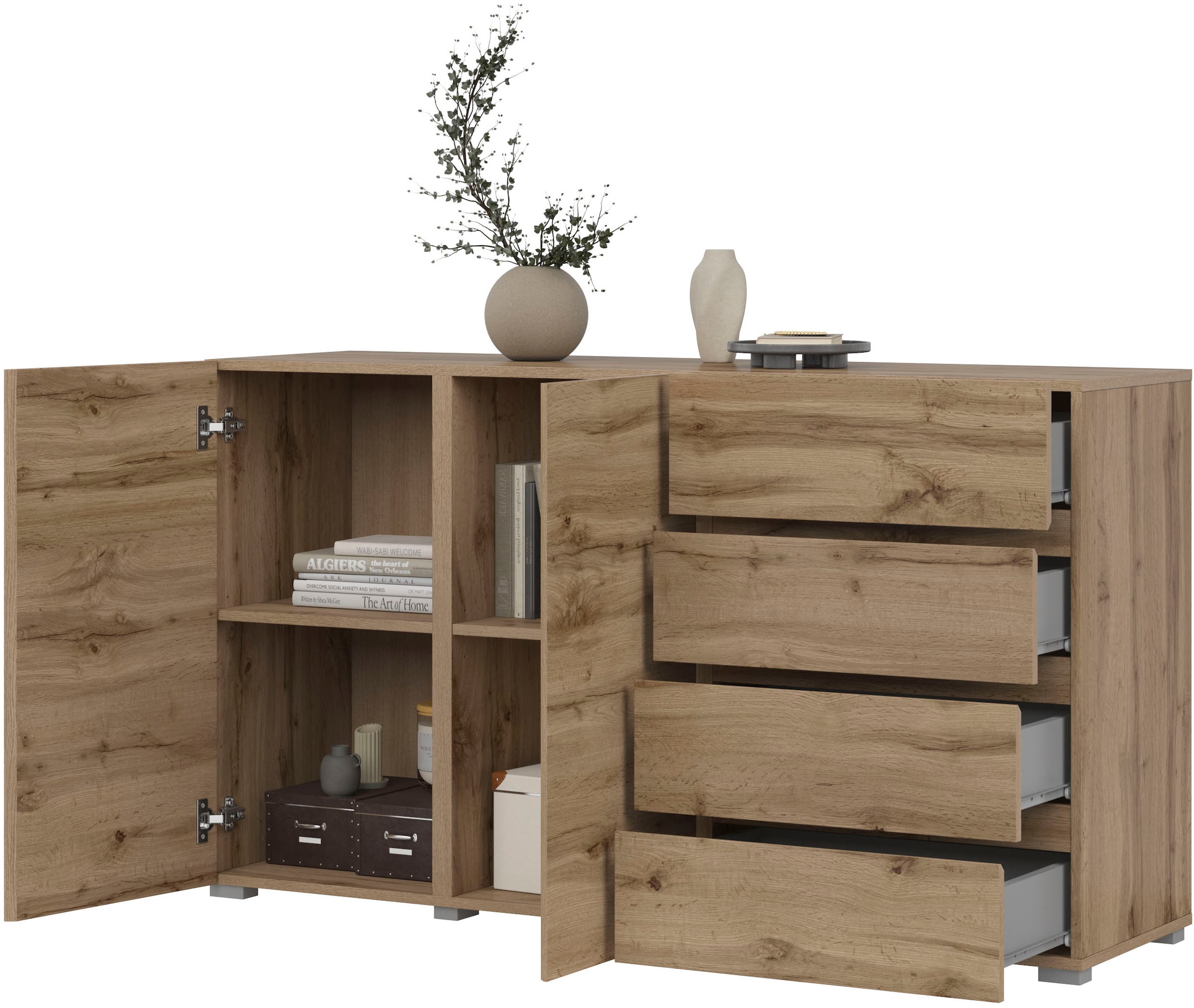 INOSIGN Sideboard »Asymetric, Breite 138 cm, grifflose Kommode 2 Türen/4 Schubkästen«, Schubladenschrank mit viel Stauraum, Einlegeböden verstellbar