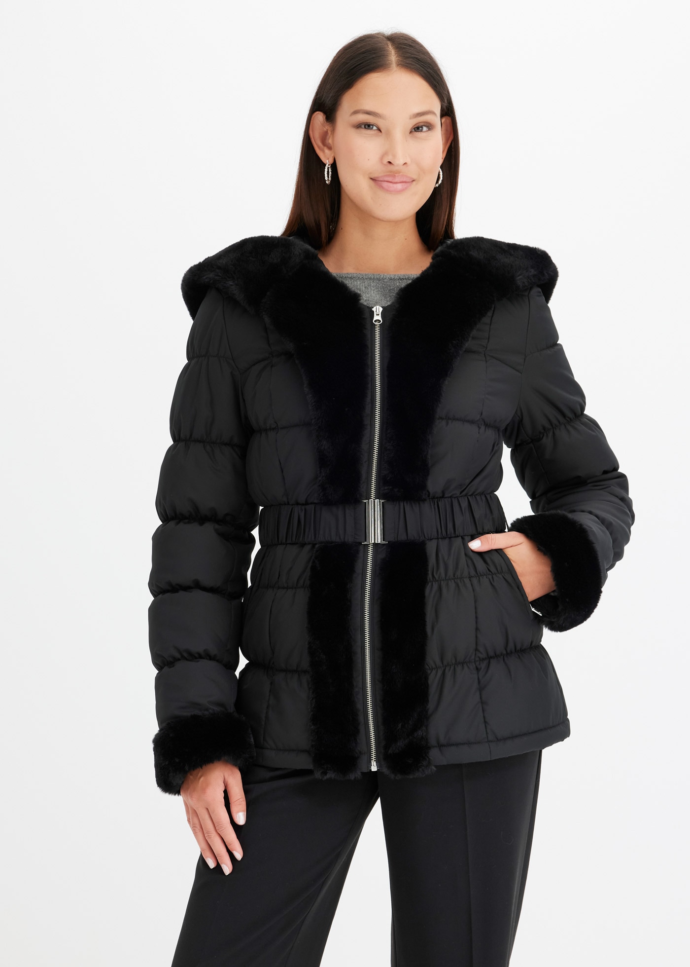 bonprix Steppjacke mit Kapuze eleganter Look, mit Kapuze und Fellimitat, Wi günstig online kaufen