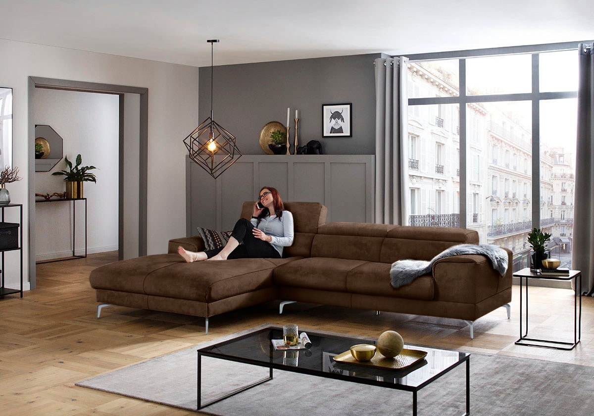 W.SCHILLIG Ecksofa "piedroo, Designsofa mit tollem Sitzkomfort, bequem und elegant, L-Form" Kopfteilverstellung, wahlweise mit Sitztiefenverstellung, Breite 303cm