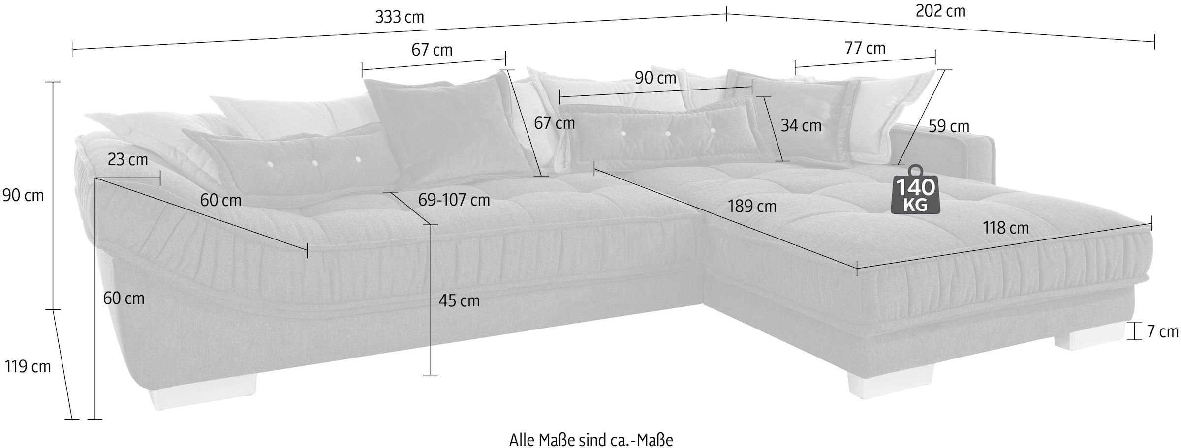 INOSIGN Ecksofa »Diwan L-Form«, für bis zu 140 kg pro Sitzfläche, mit vielen Kissen und Faltenwurf