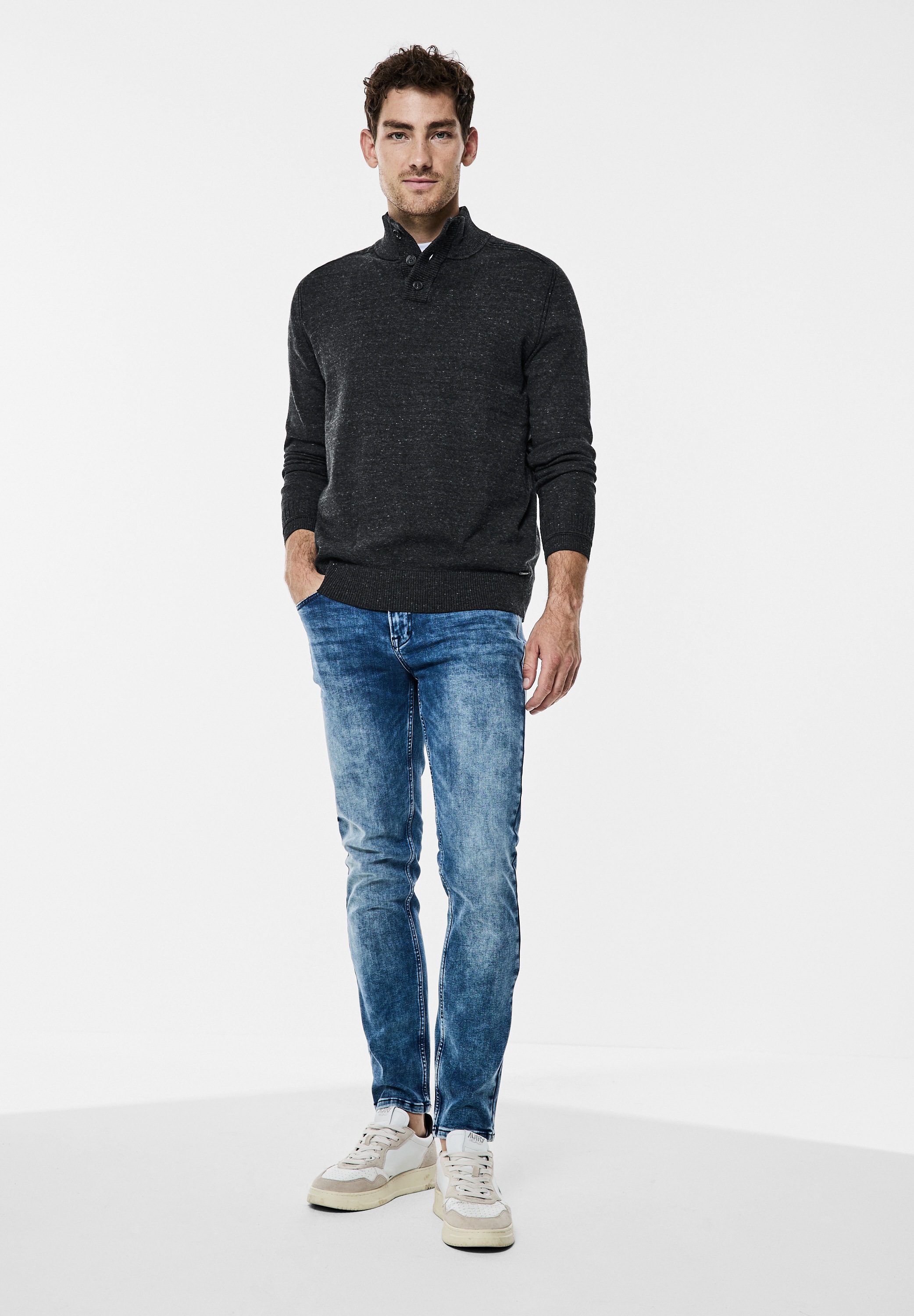 STREET ONE MEN Stehkragenpullover, mit Knopfreihe