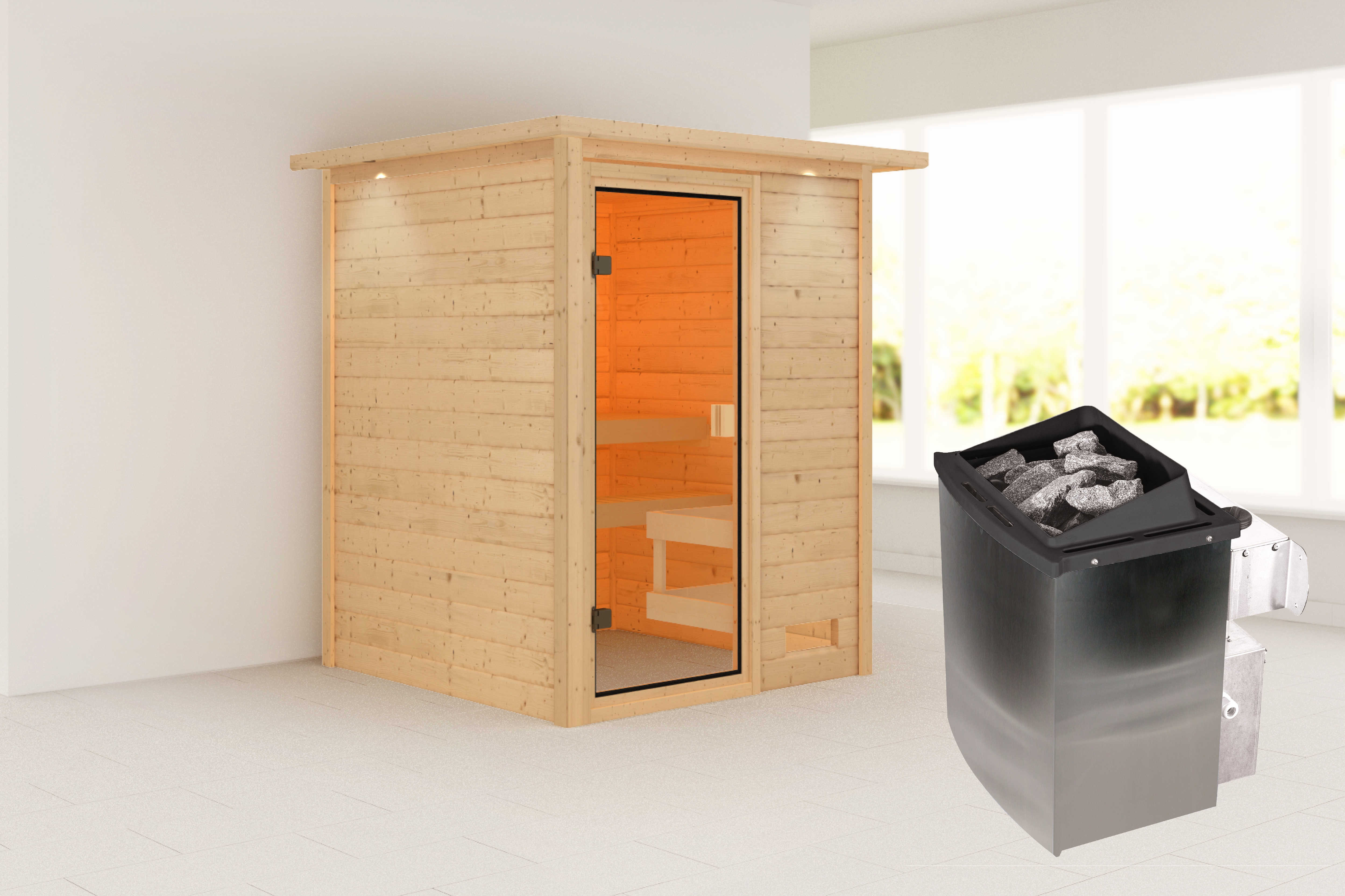 KARIBU Sauna ""Sandy" mit bronzierter Tür und Kranz, Ofen 9 kW, naturbelassen", Saunaofen, integrierte Steuerung, 400 kWnaturbelassen, Saunen, aus