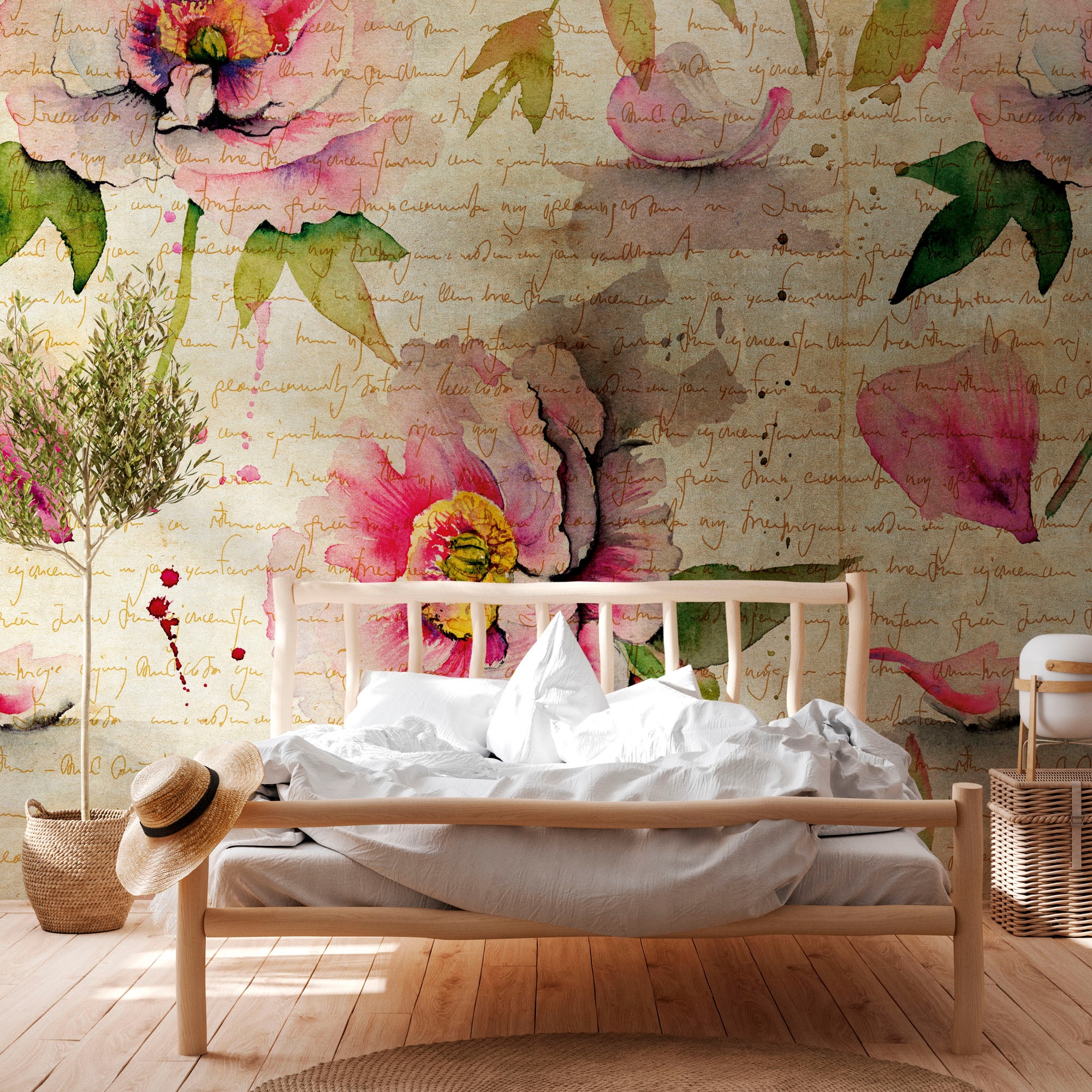 living walls Fototapete »The Wall«, geblümt-floral-natürlich, Fototapete Vintage Tapete Blume Beige Grün Rosa
