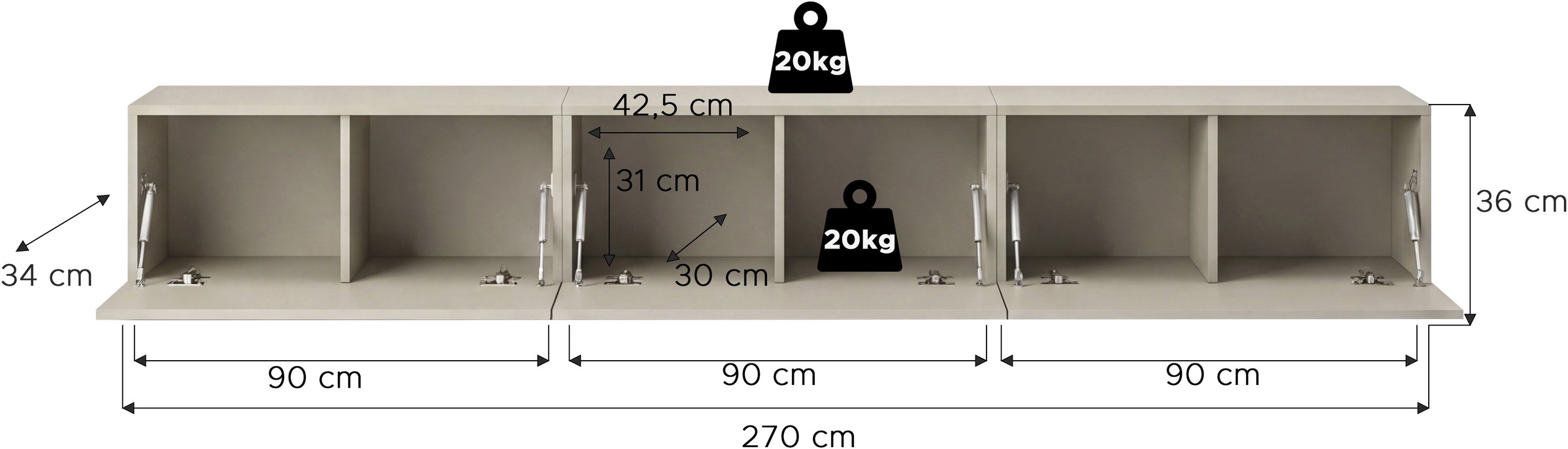 OTTO home Lowboard »SPIAGGIA, 3-teiliges Set, Breite 270cm, stehend & hängend montierbar« TV-Möbel, TV-Schrank, TV-Lowboard, Mediaboard